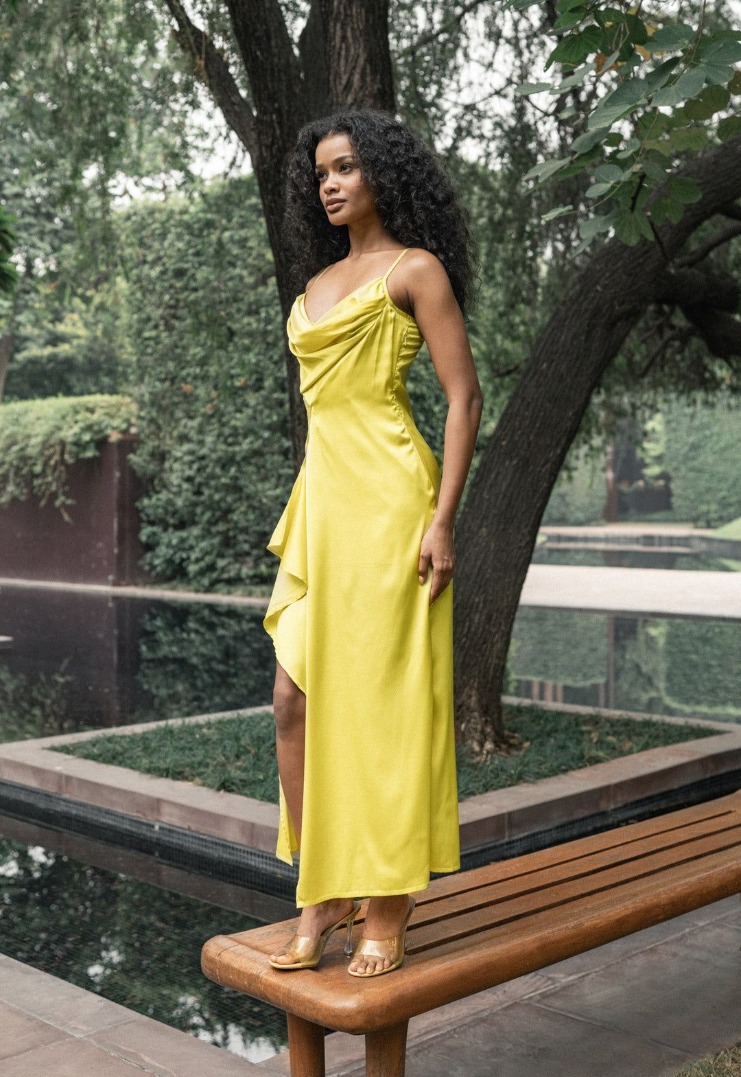 LEMON YELLOW DRAPED MIDI DRESS WITH LACE DETAIL