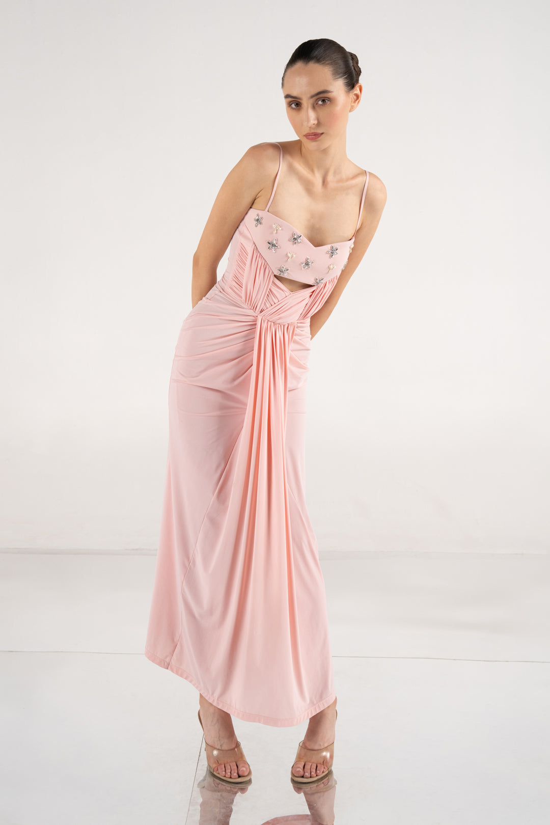 Draped Halter Gown With Sculpted Bodice And Floral Accents