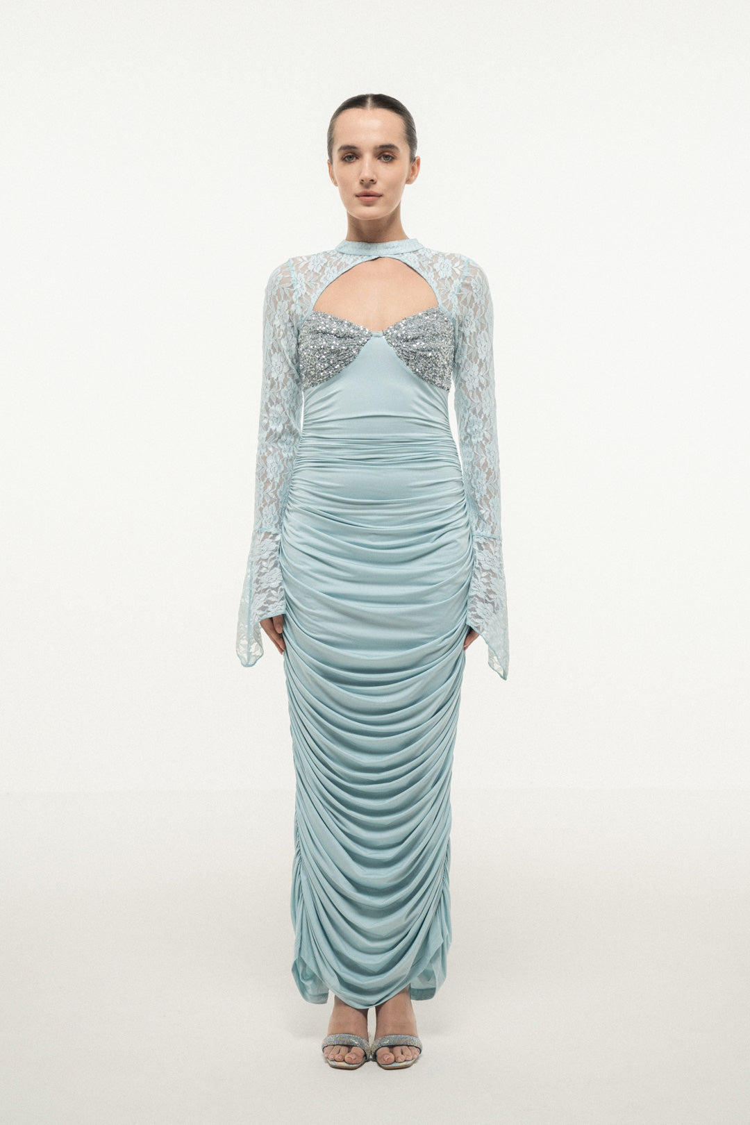 BLUE LACE SLEEVE RUCHED DRESS