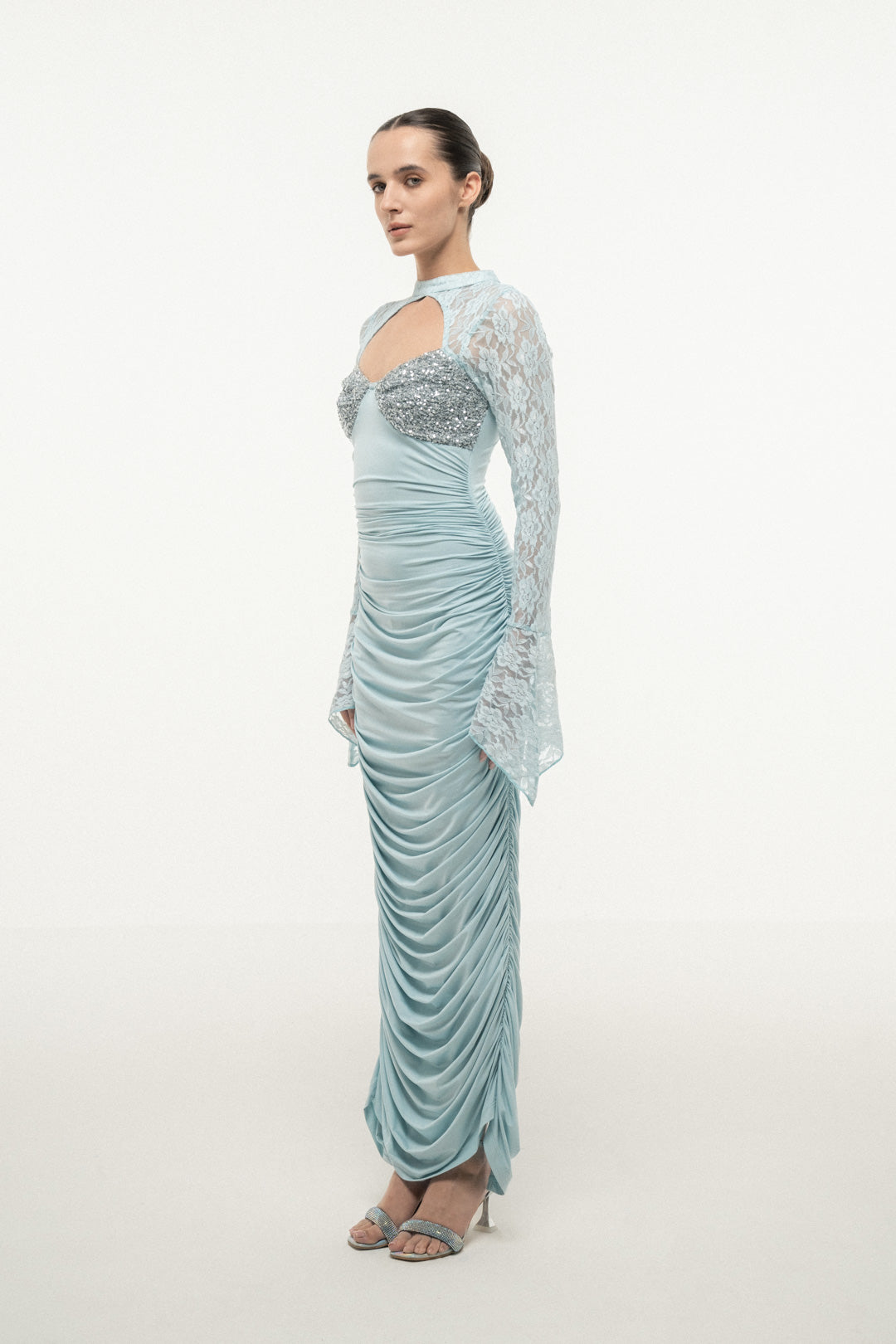 BLUE LACE SLEEVE RUCHED DRESS