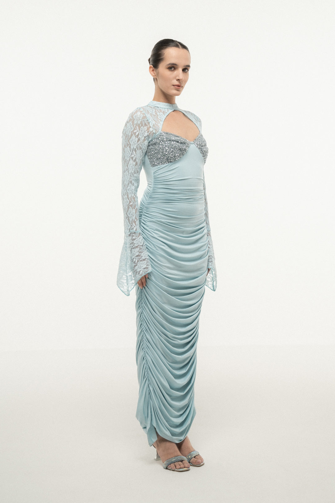 BLUE LACE SLEEVE RUCHED DRESS