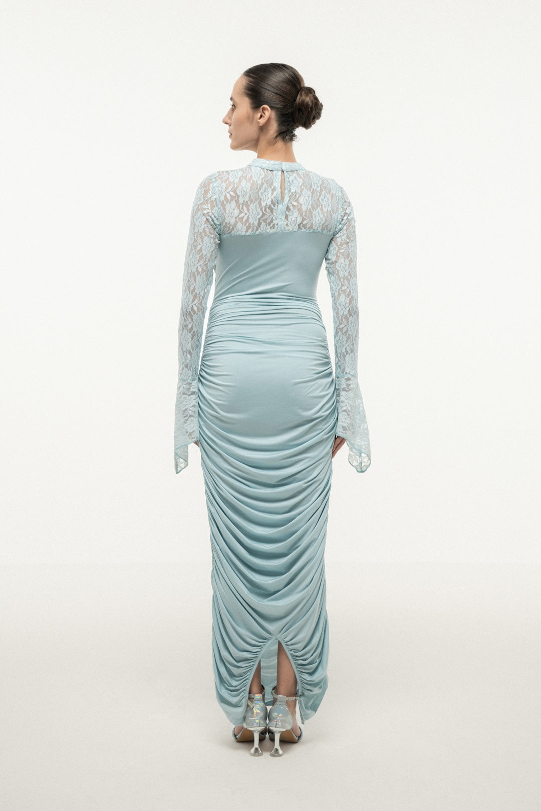 BLUE LACE SLEEVE RUCHED DRESS