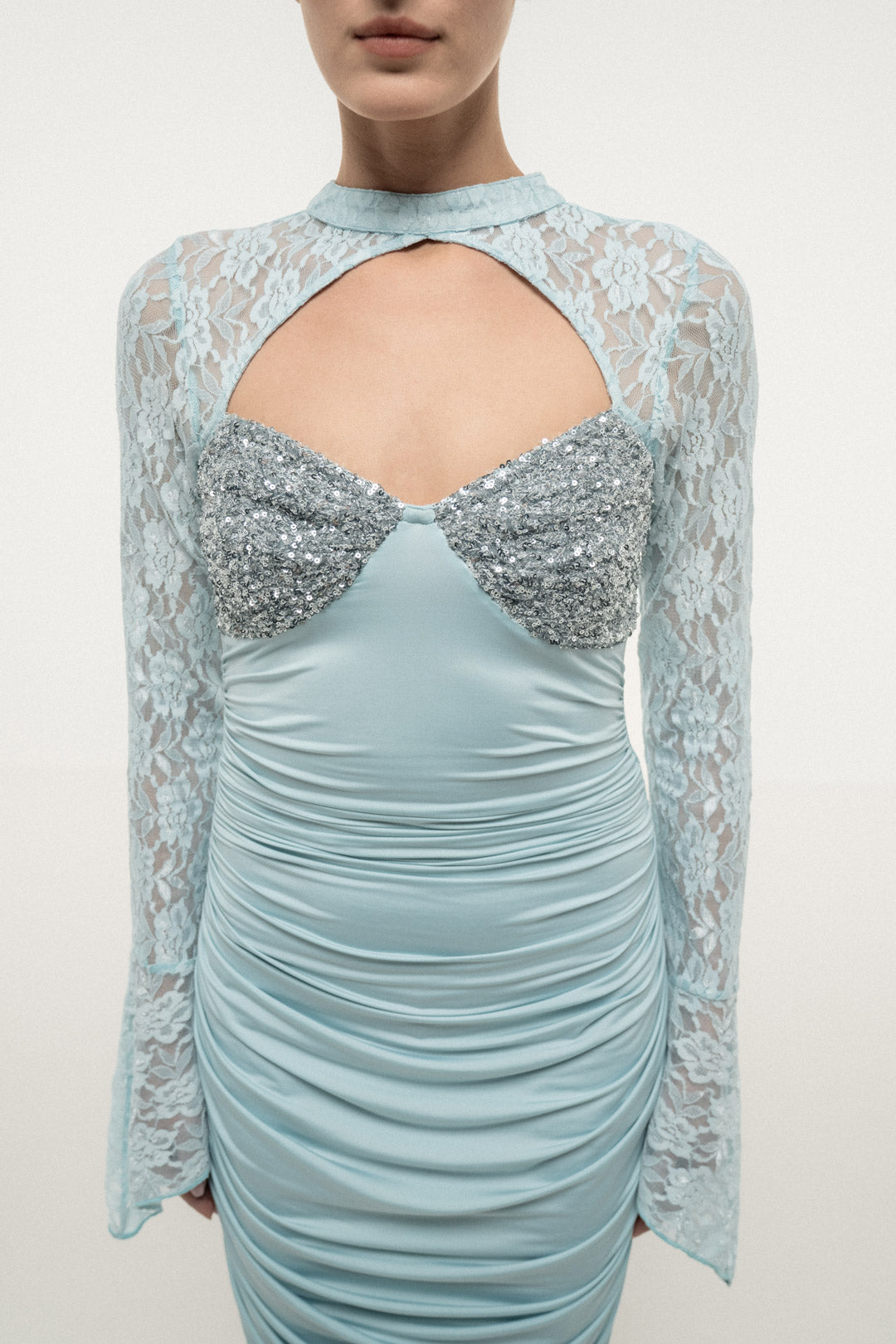 BLUE LACE SLEEVE RUCHED DRESS