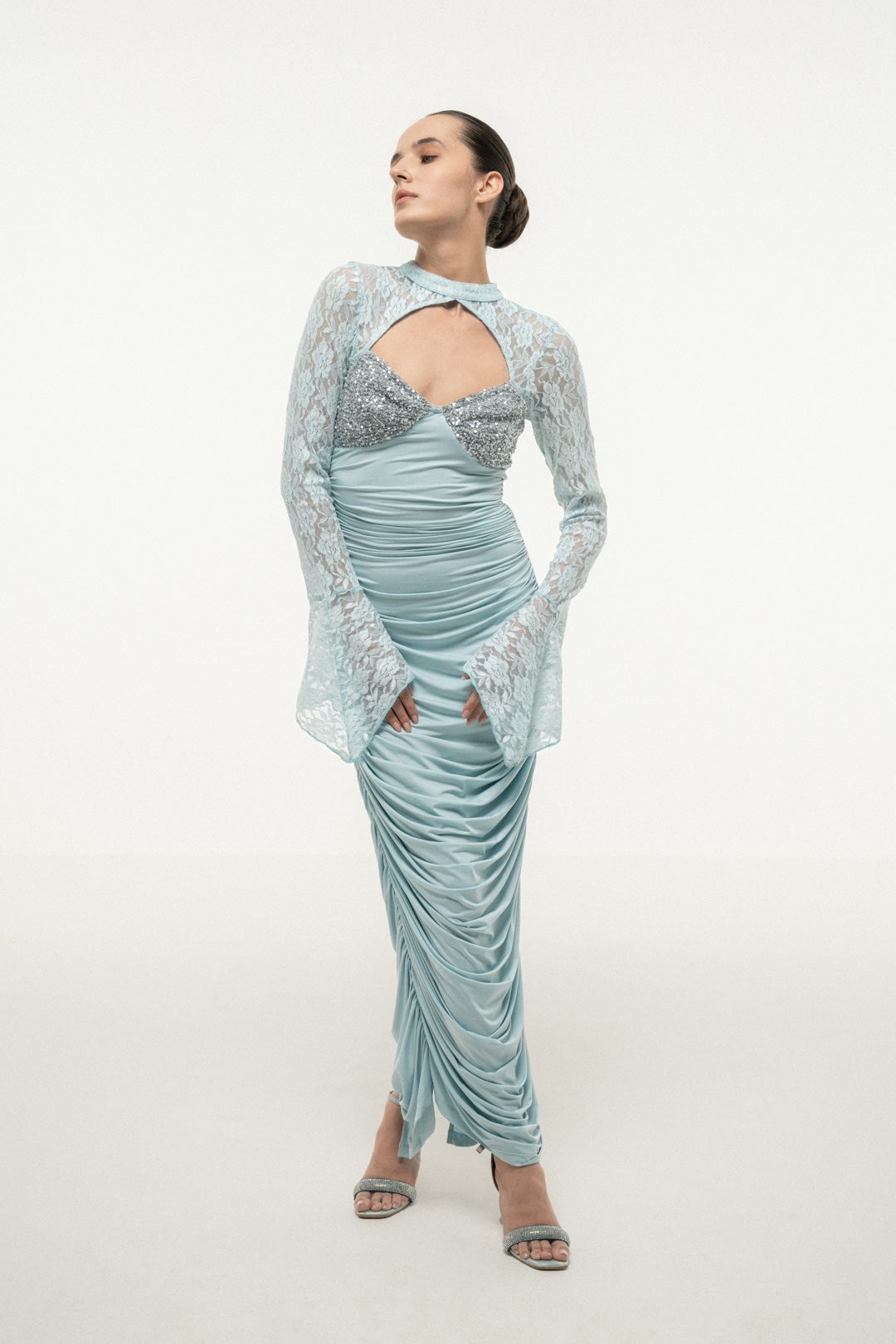 BLUE LACE SLEEVE RUCHED DRESS