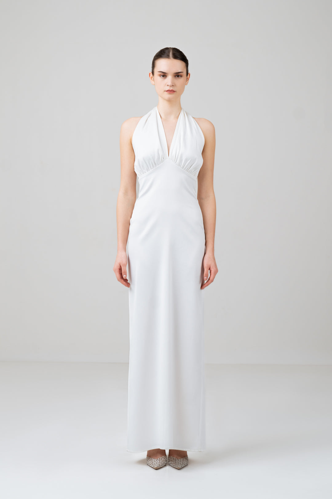 WHITE SATIN HALTER NECK DRESS