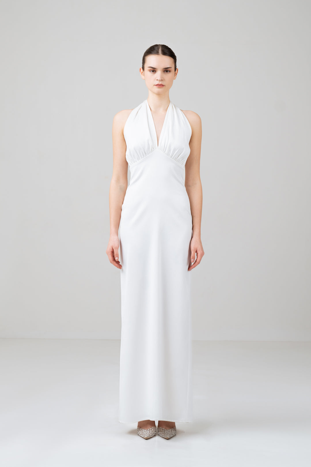 WHITE SATIN HALTER NECK DRESS