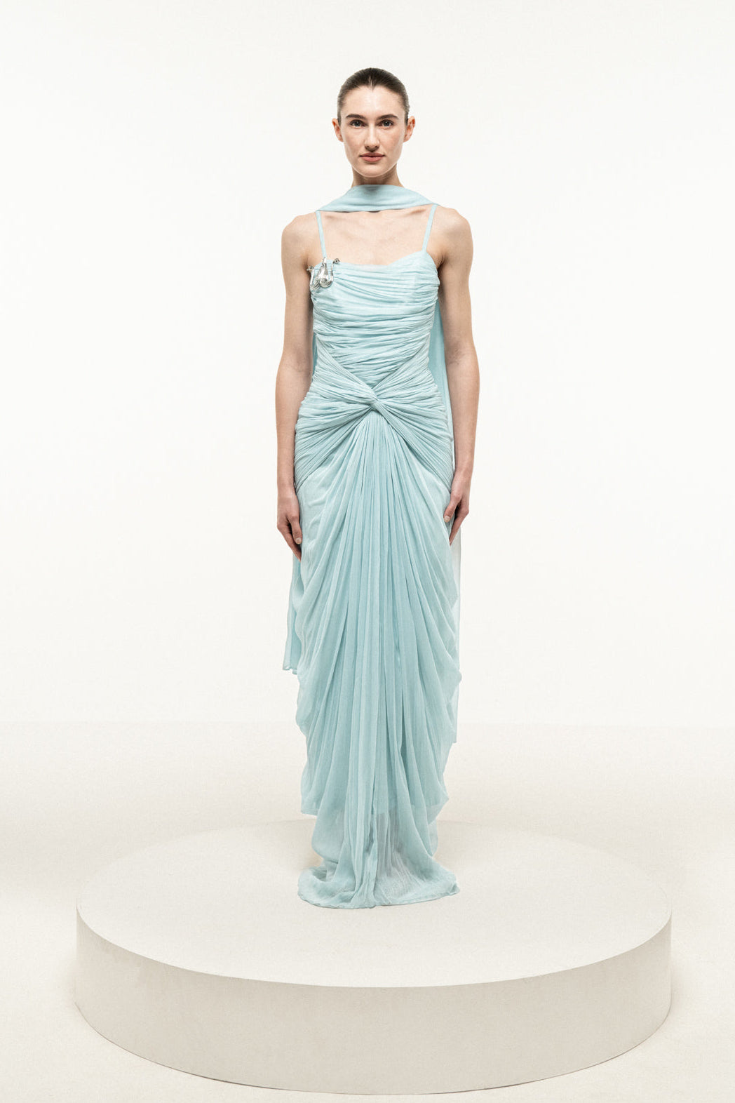 LIGHT BLUE RUCHED DRAPED DRESS WITH STOLE