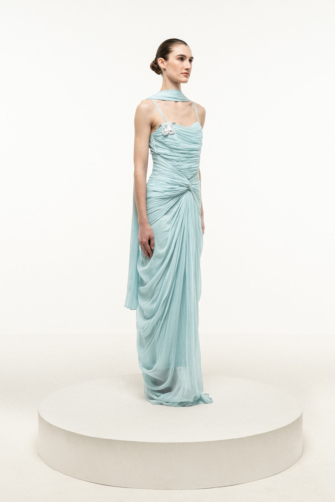 LIGHT BLUE RUCHED DRAPED DRESS WITH STOLE