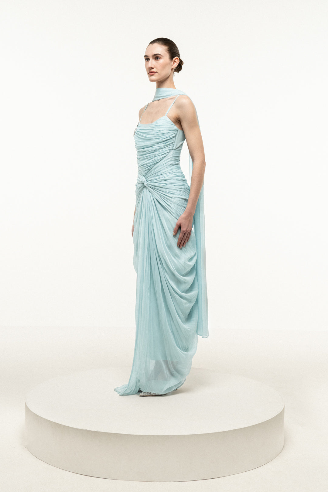 LIGHT BLUE RUCHED DRAPED DRESS WITH STOLE