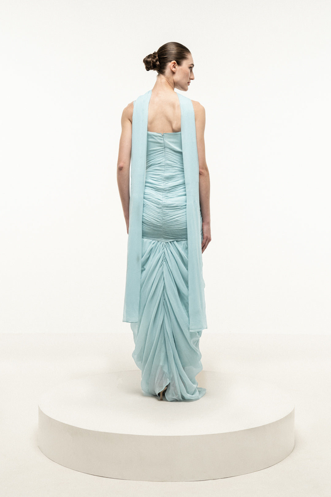 LIGHT BLUE RUCHED DRAPED DRESS WITH STOLE
