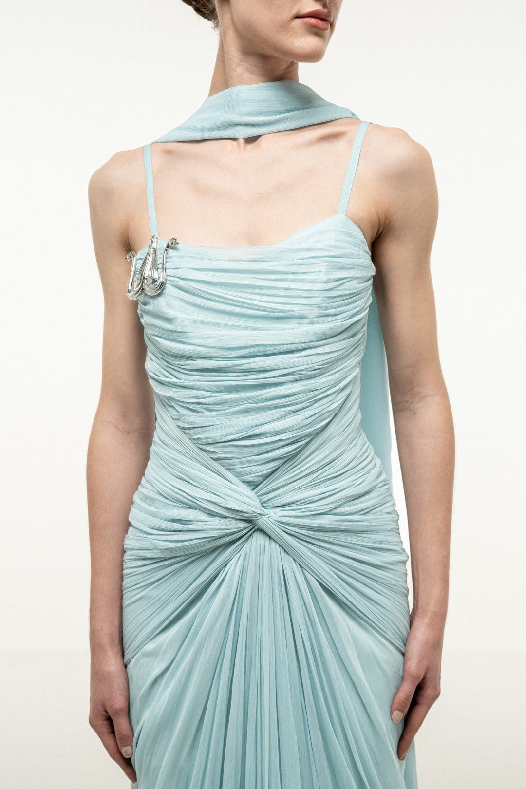 LIGHT BLUE RUCHED DRAPED DRESS WITH STOLE