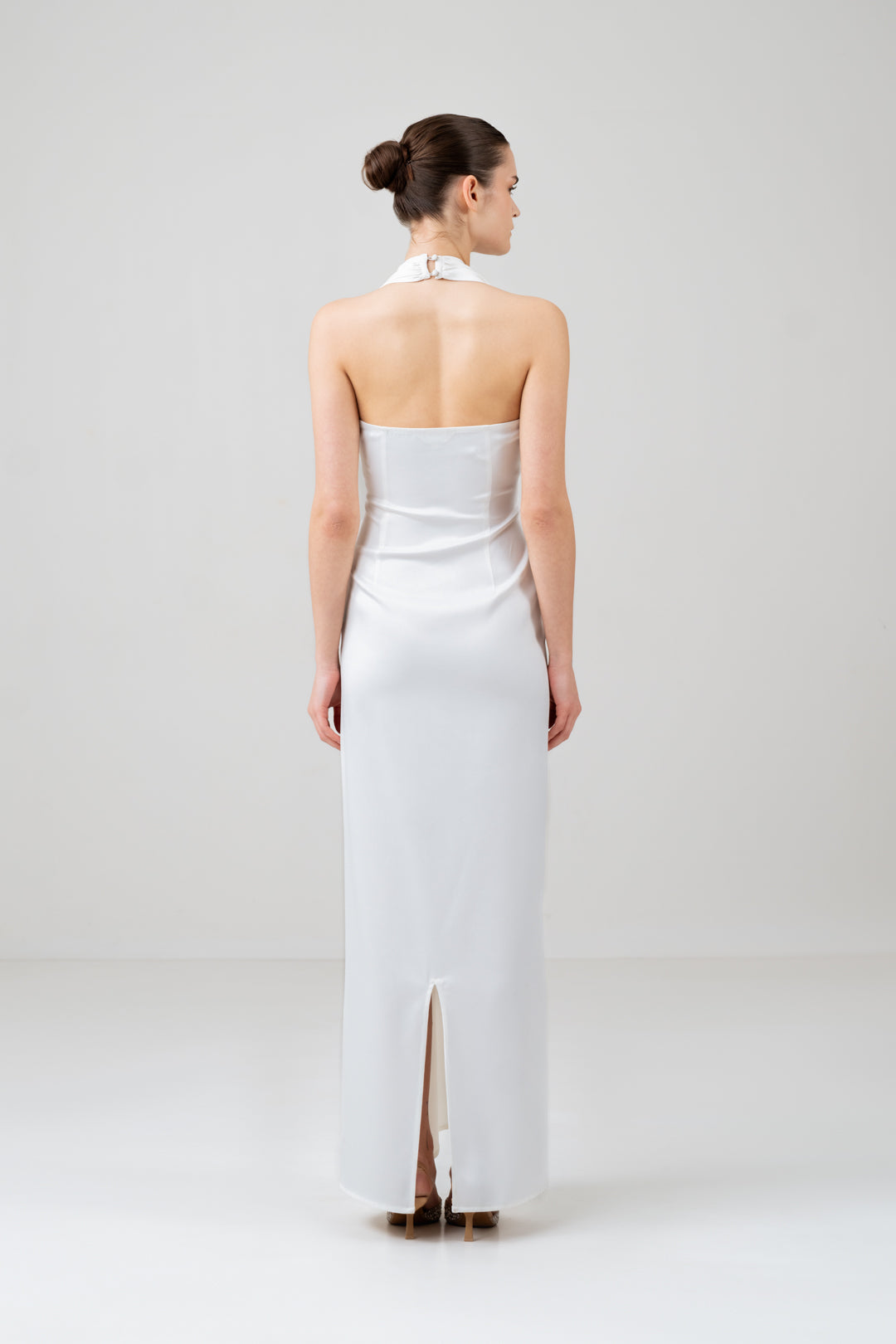 WHITE SATIN HALTER NECK DRESS