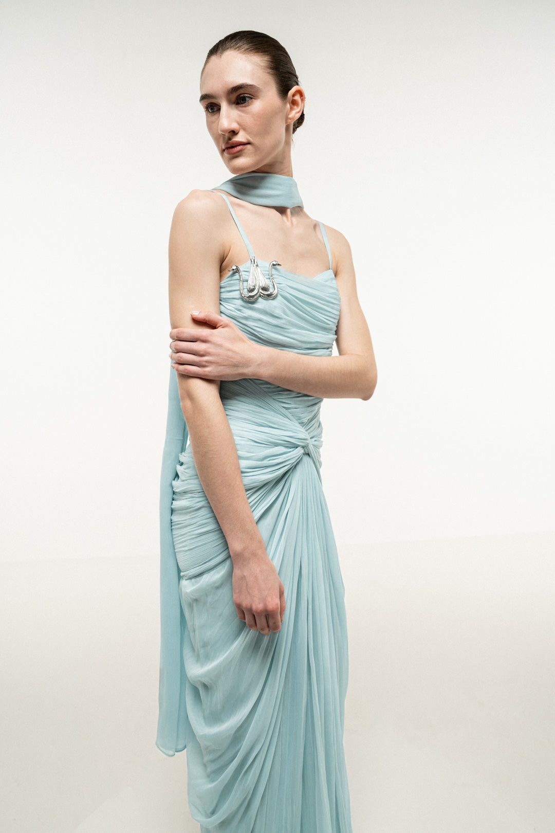 LIGHT BLUE RUCHED DRAPED DRESS WITH STOLE