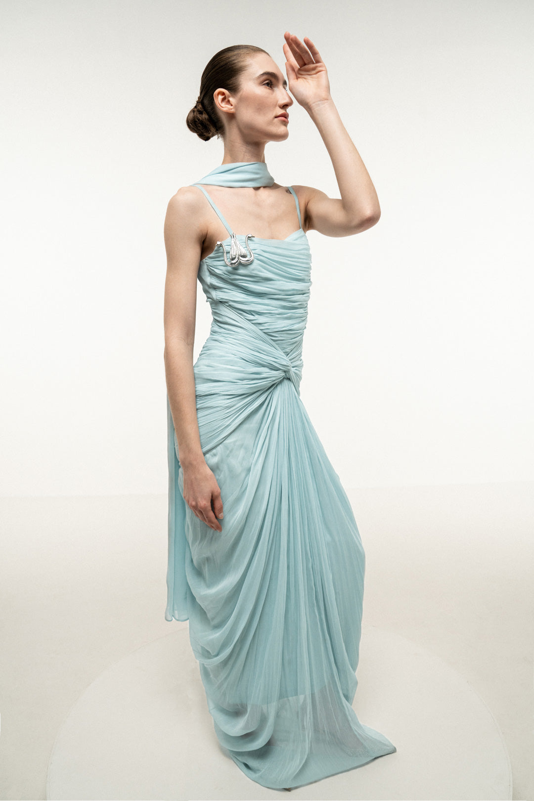 LIGHT BLUE RUCHED DRAPED DRESS WITH STOLE