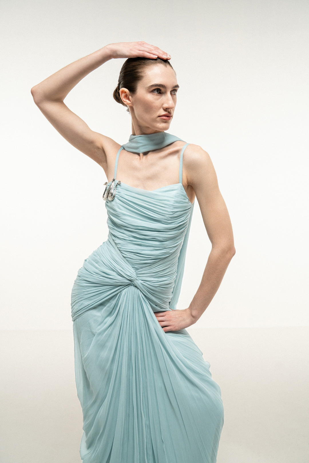 LIGHT BLUE RUCHED DRAPED DRESS WITH STOLE