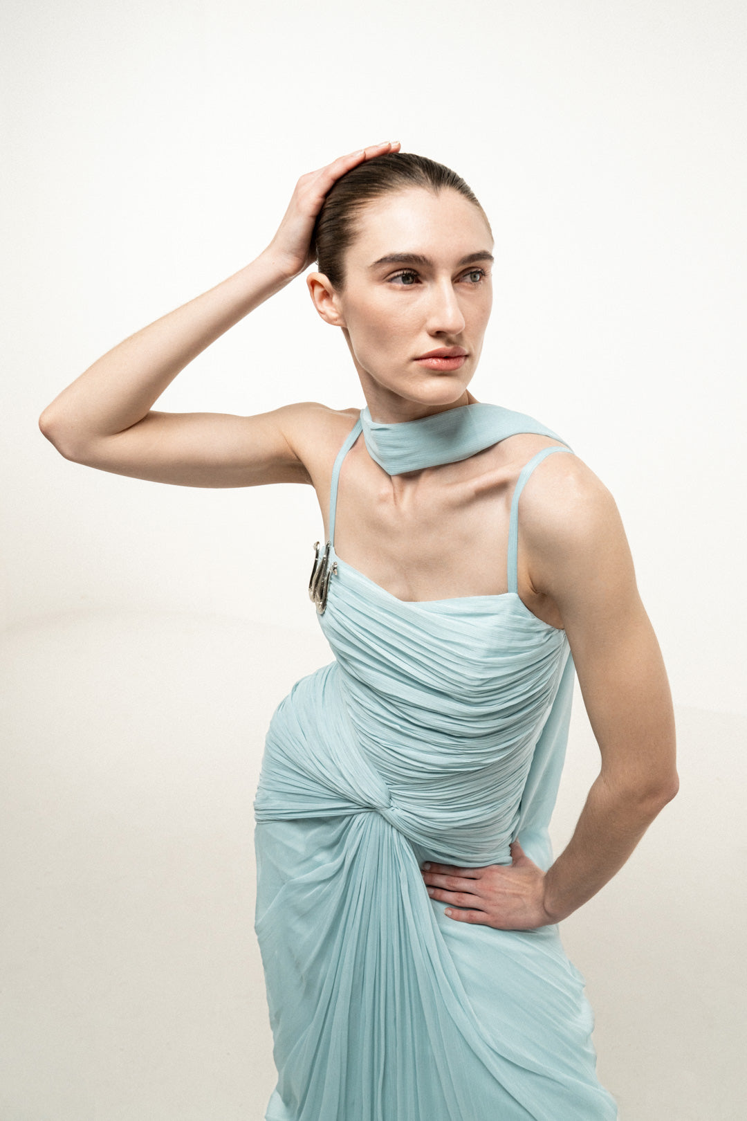 LIGHT BLUE RUCHED DRAPED DRESS WITH STOLE