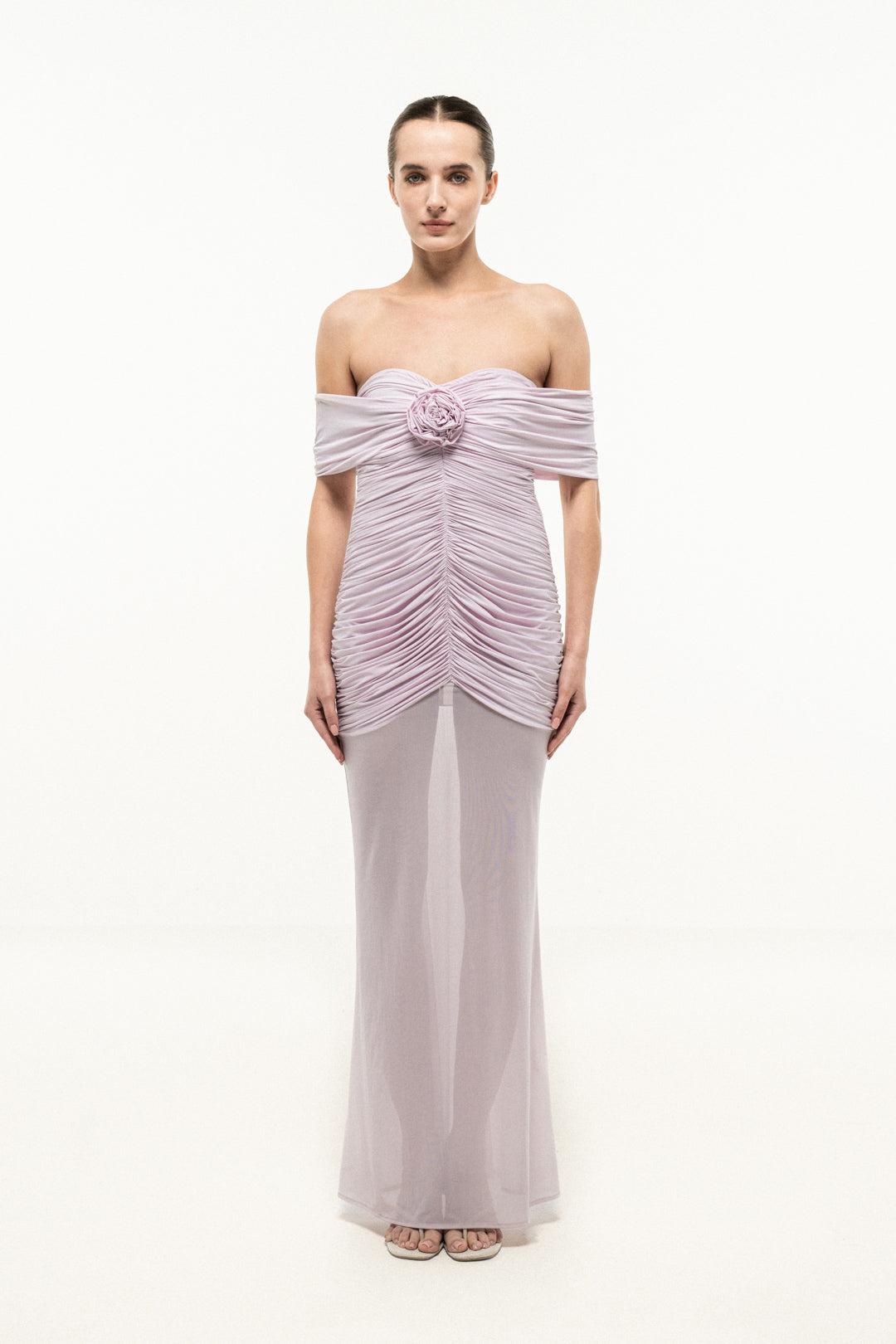 LIGHT PINK OFF SHOULDER RUCHED FLARED DRESS