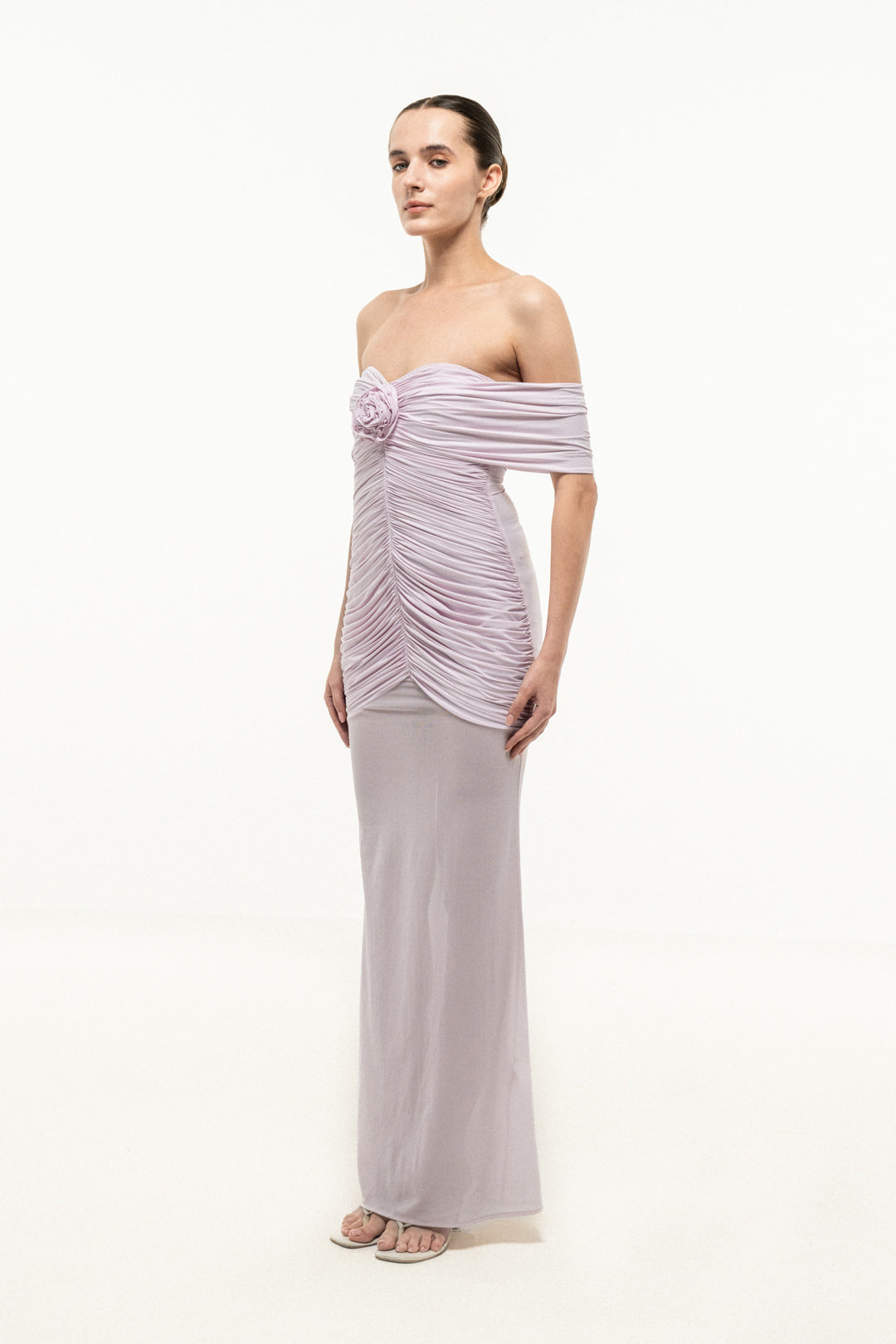 LIGHT PINK OFF SHOULDER RUCHED FLARED DRESS