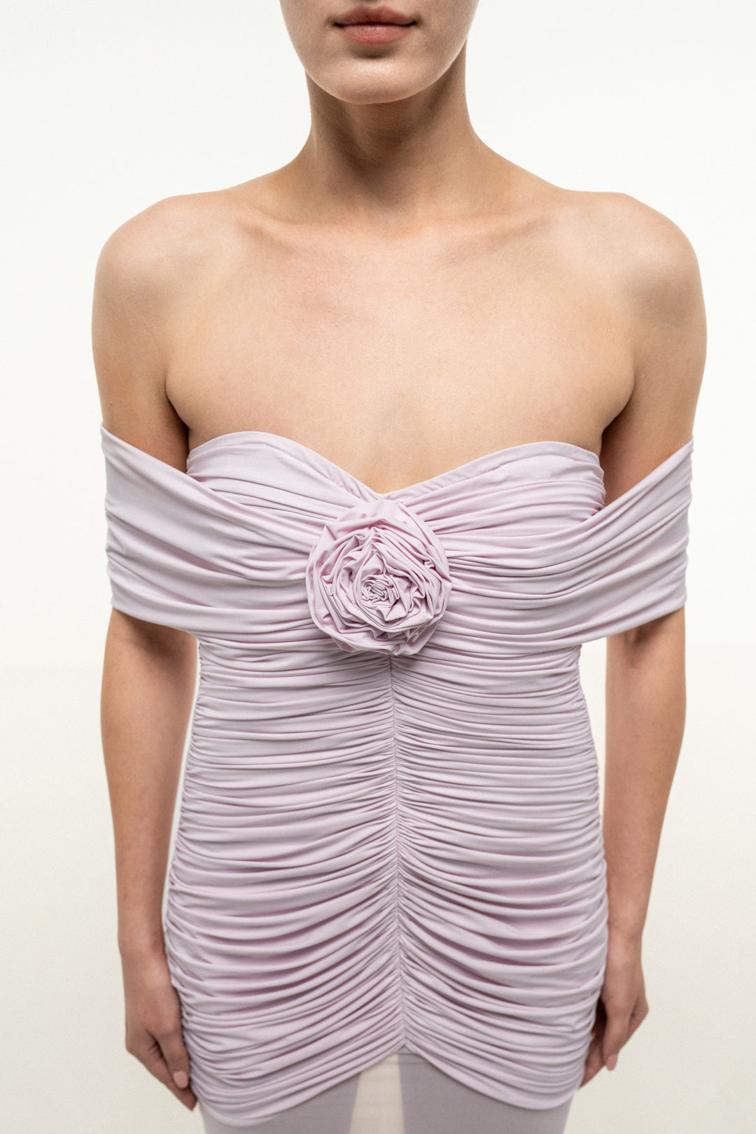 LIGHT PINK OFF SHOULDER RUCHED FLARED DRESS