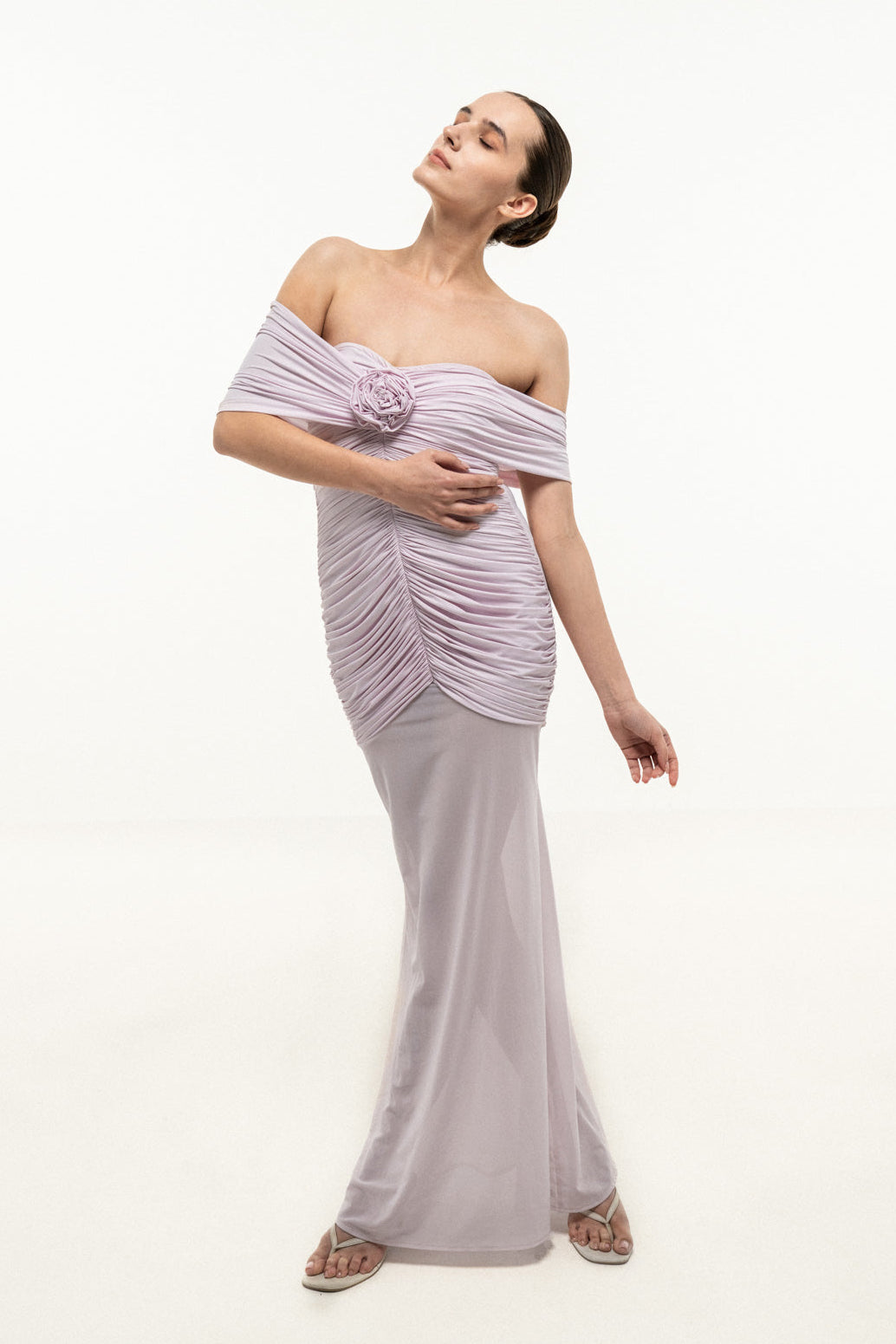 LIGHT PINK OFF SHOULDER RUCHED FLARED DRESS