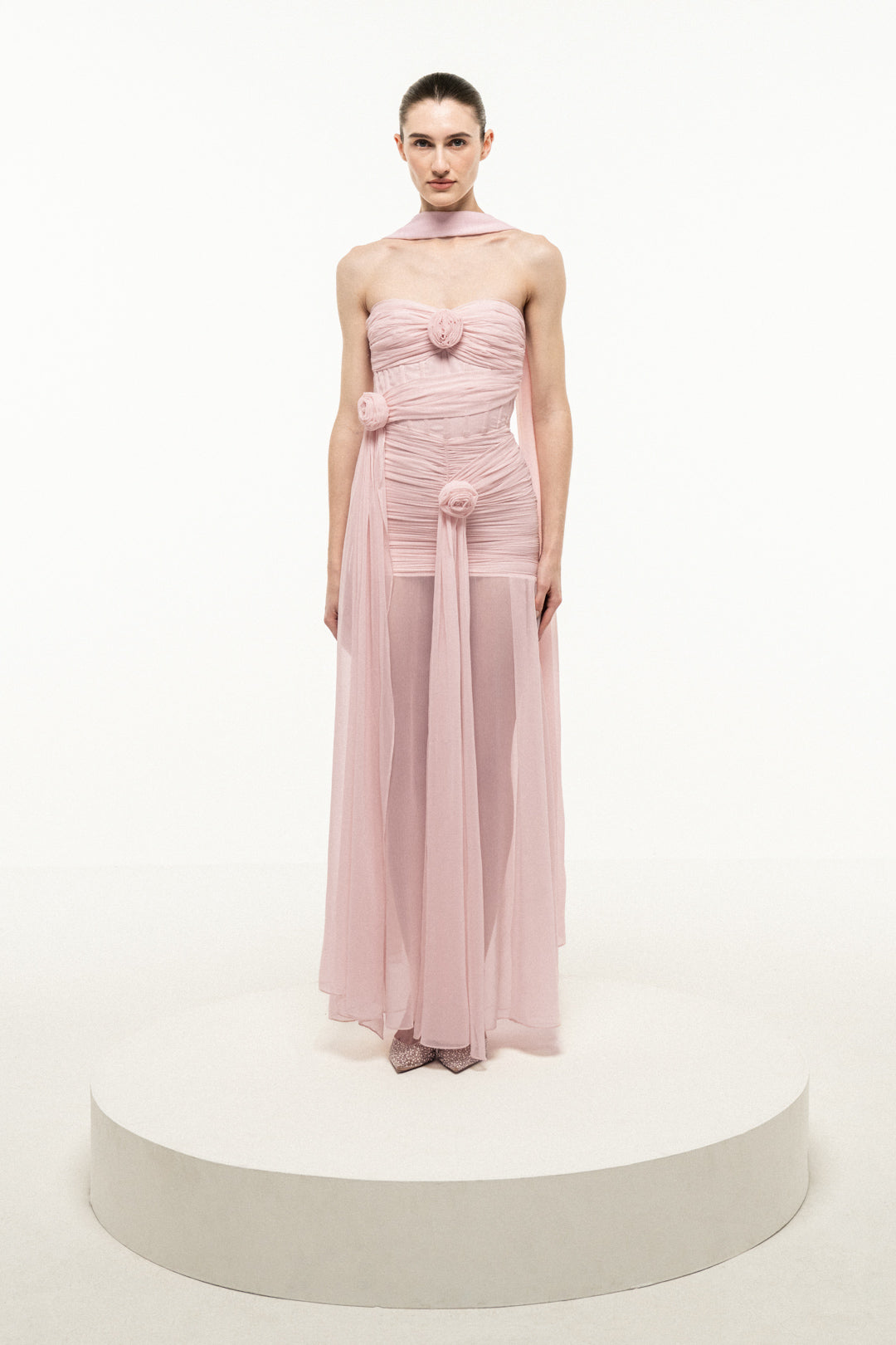 LIGHT PINK BONED STRAPLESS DRESS WITH STOLE