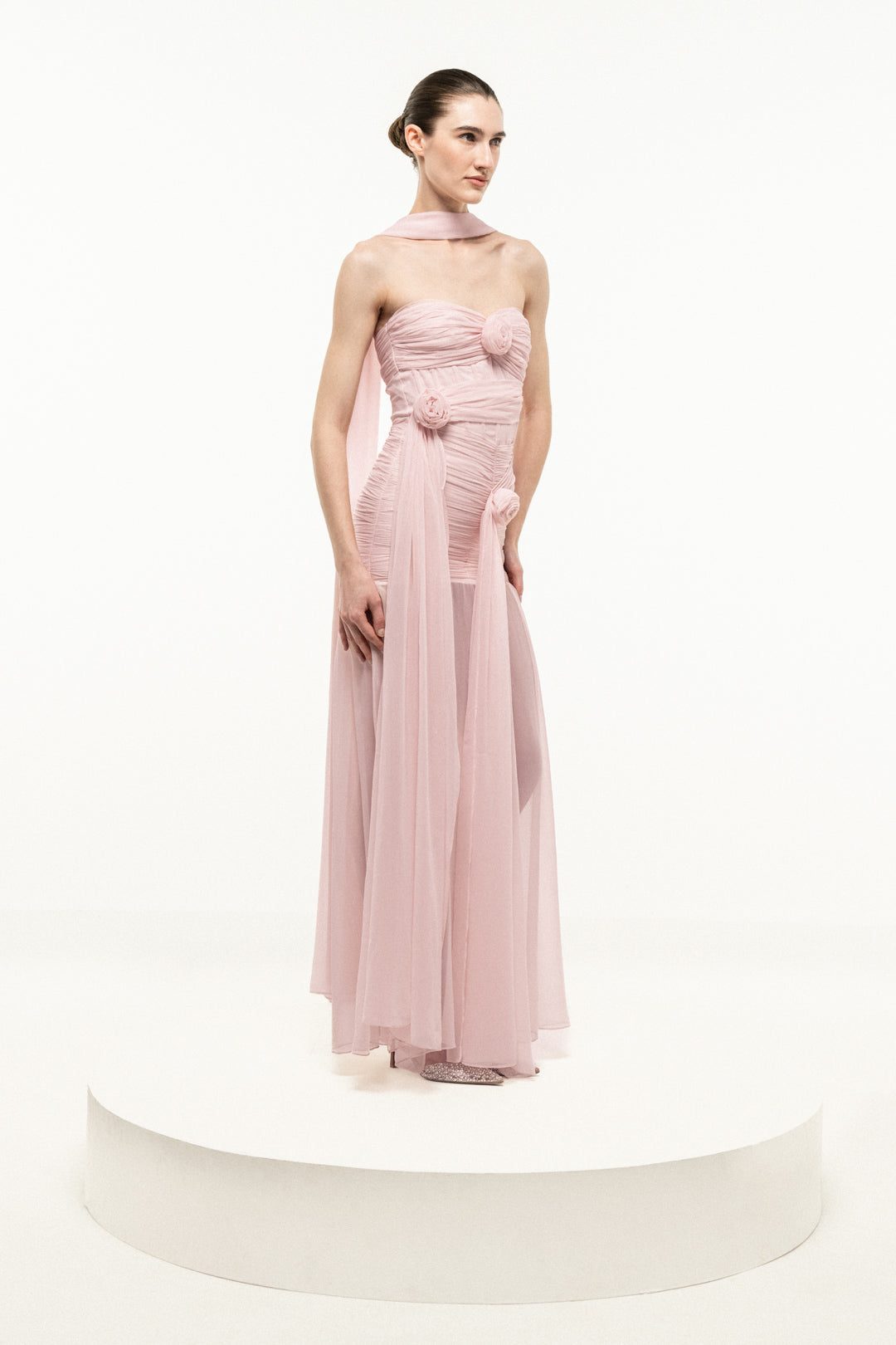 LIGHT PINK BONED STRAPLESS DRESS WITH STOLE