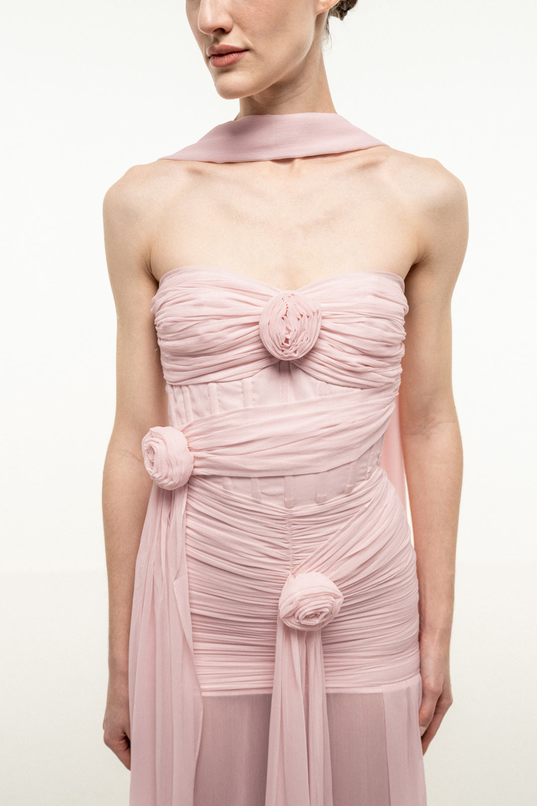 LIGHT PINK BONED STRAPLESS DRESS WITH STOLE