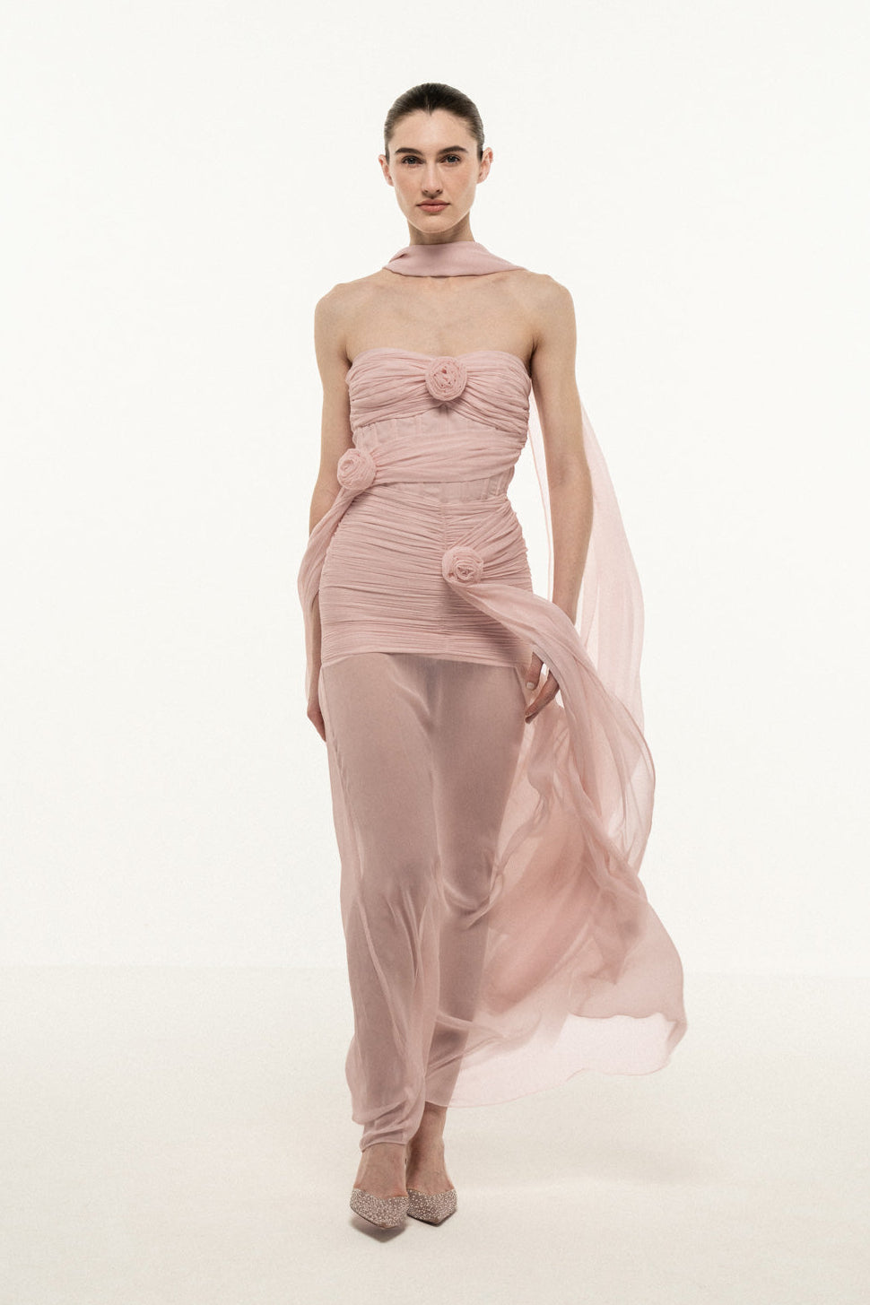 LIGHT PINK BONED STRAPLESS DRESS WITH STOLE