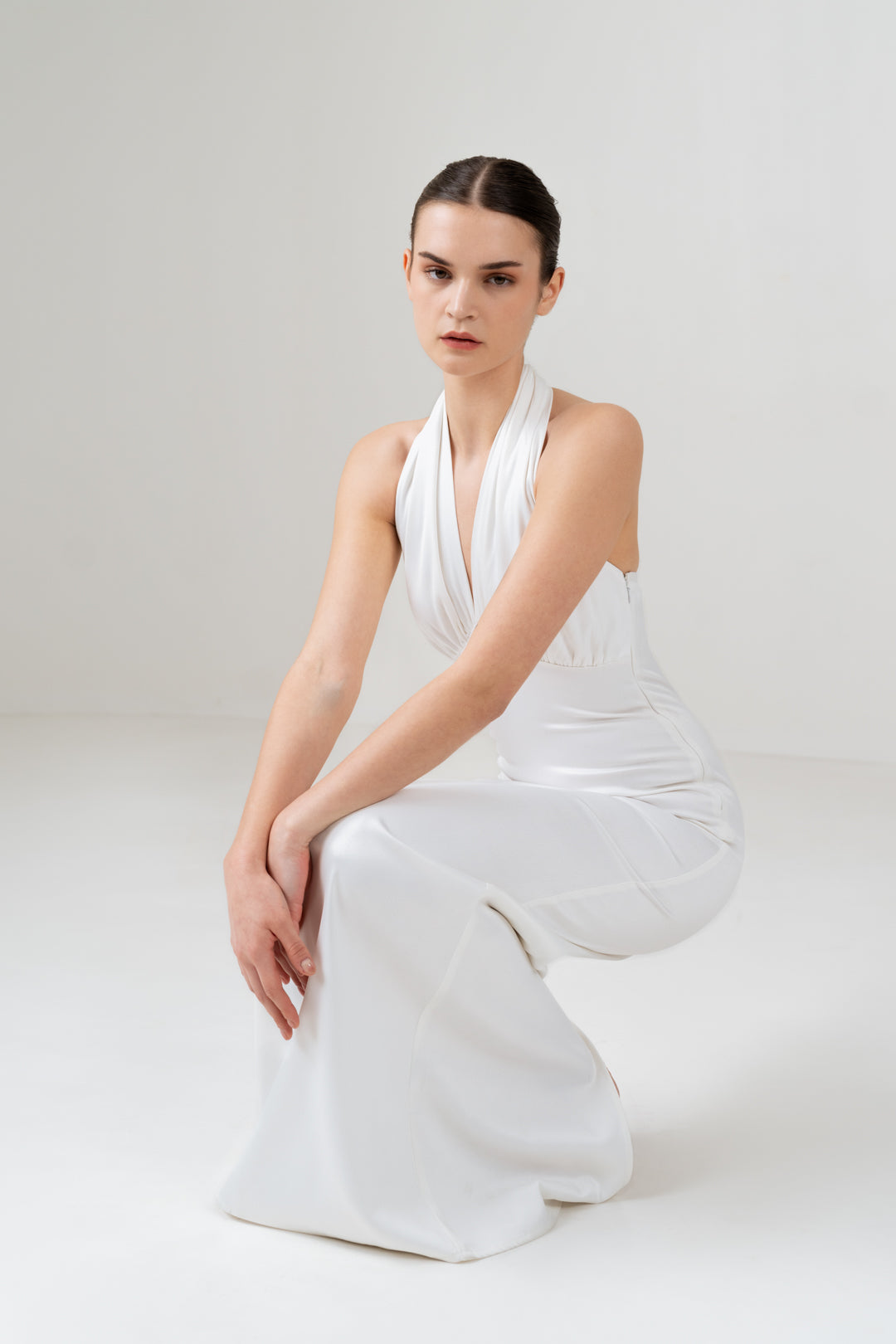 WHITE SATIN HALTER NECK DRESS