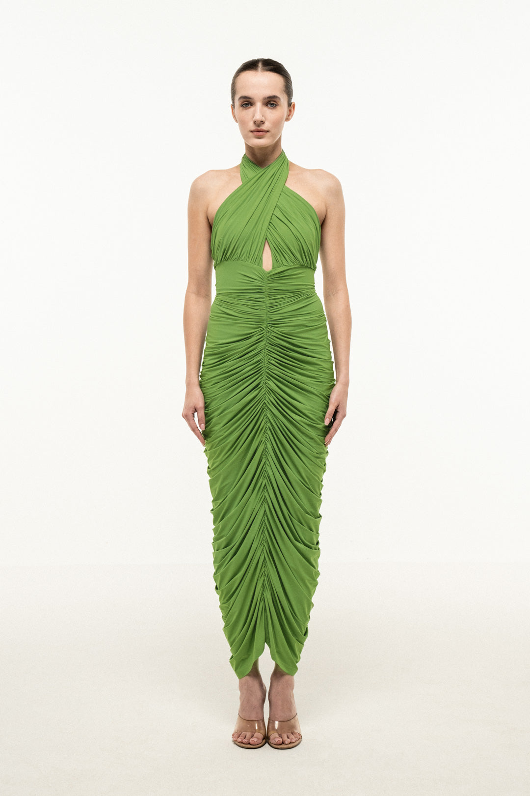GREEN HALTER-NECK RUCHED DRESS