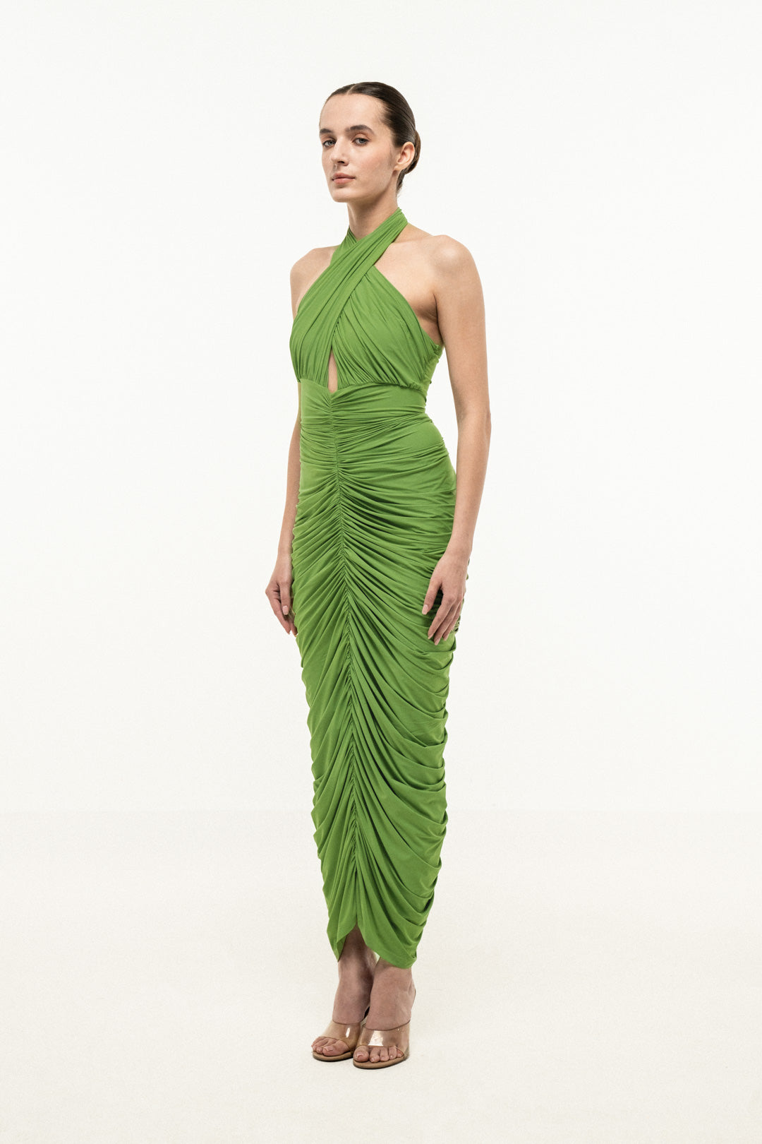 GREEN HALTER-NECK RUCHED DRESS