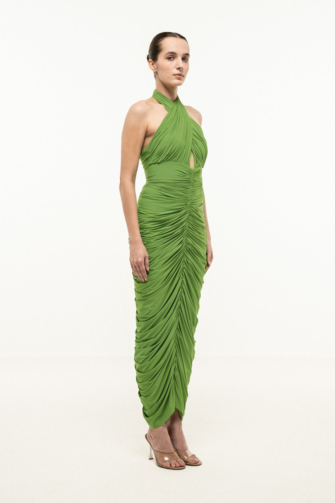GREEN HALTER-NECK RUCHED DRESS