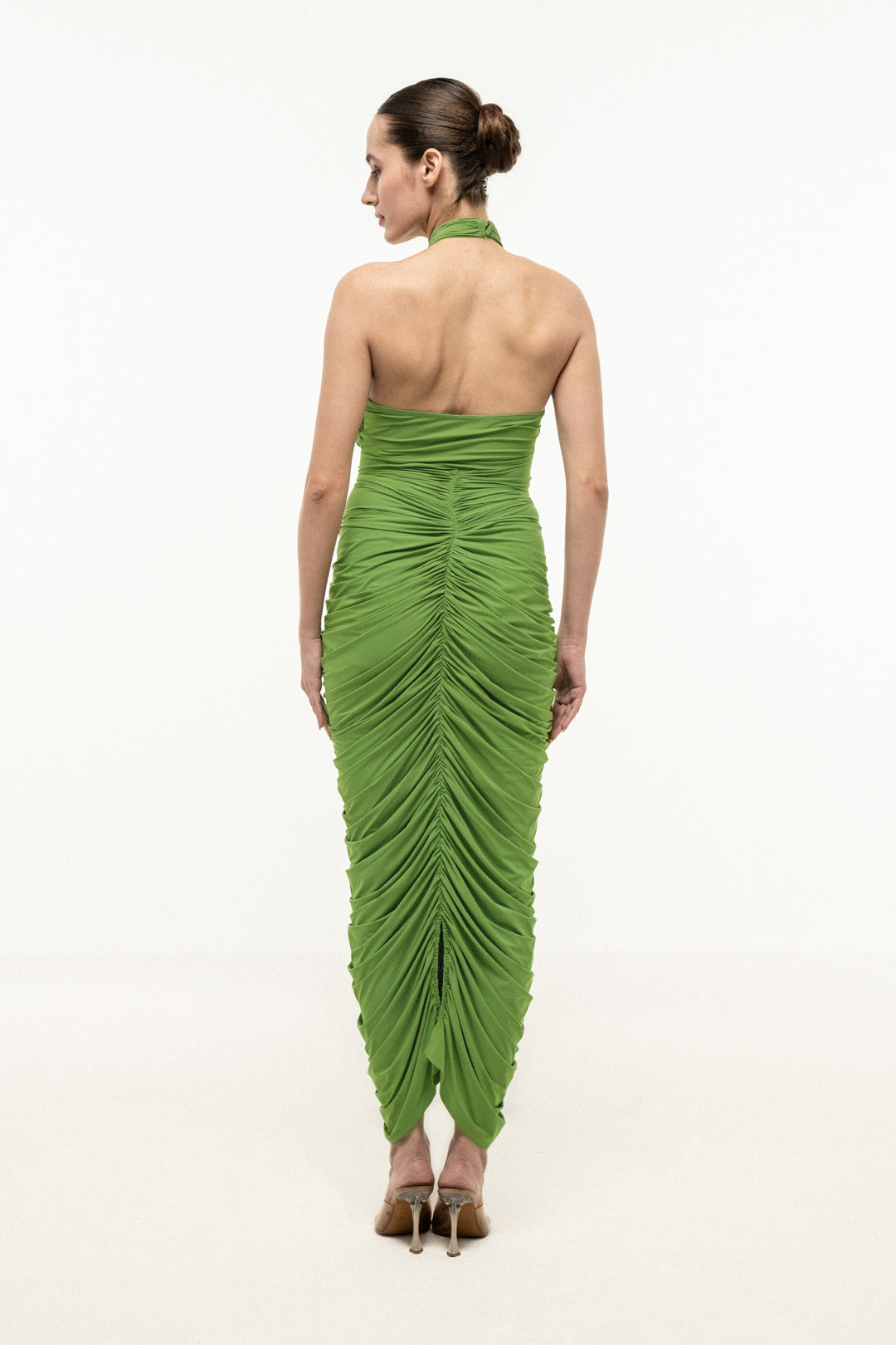GREEN HALTER-NECK RUCHED DRESS