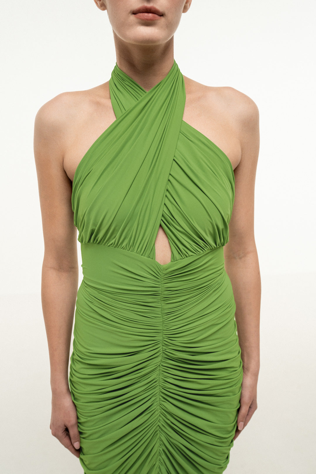 GREEN HALTER-NECK RUCHED DRESS
