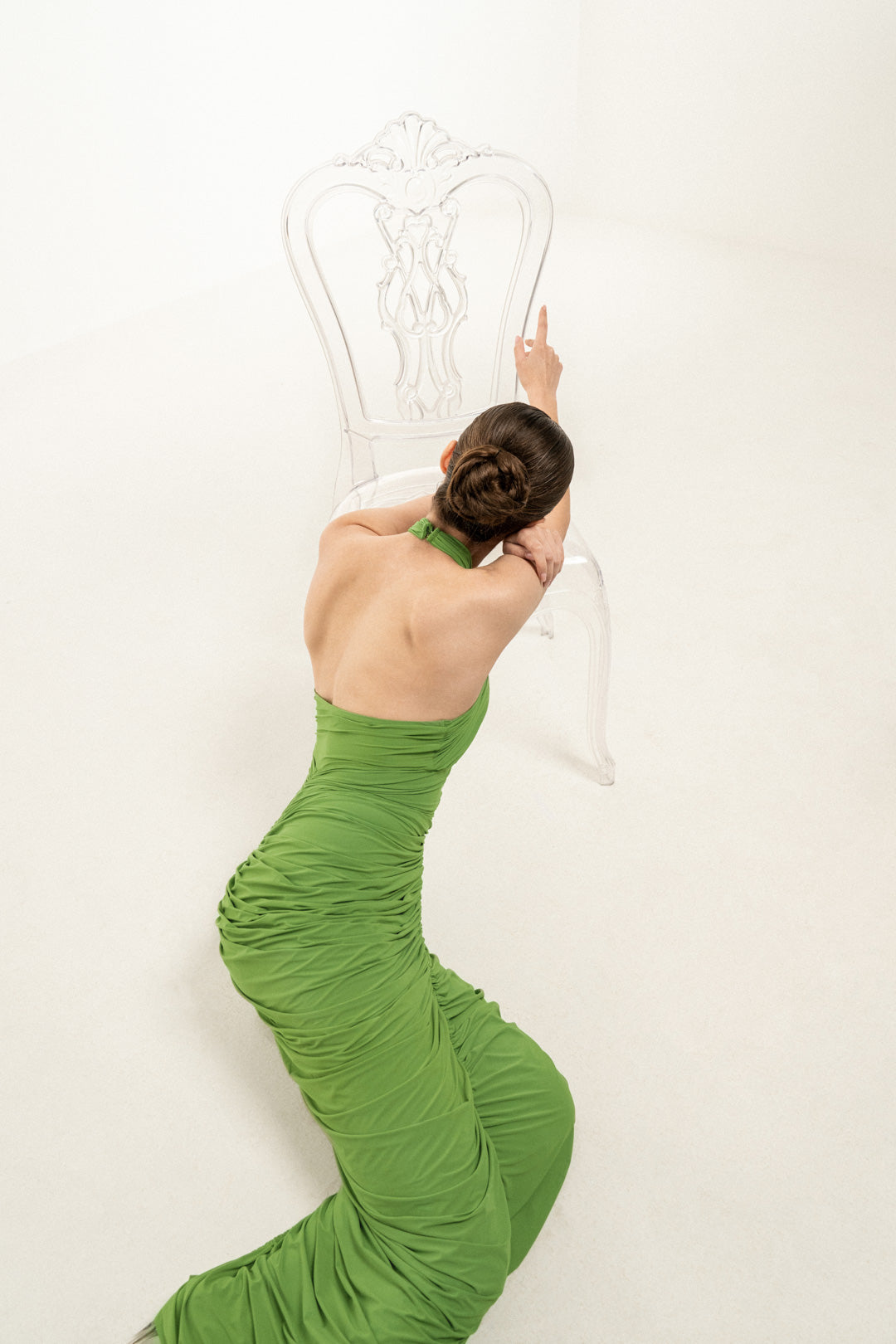 GREEN HALTER-NECK RUCHED DRESS