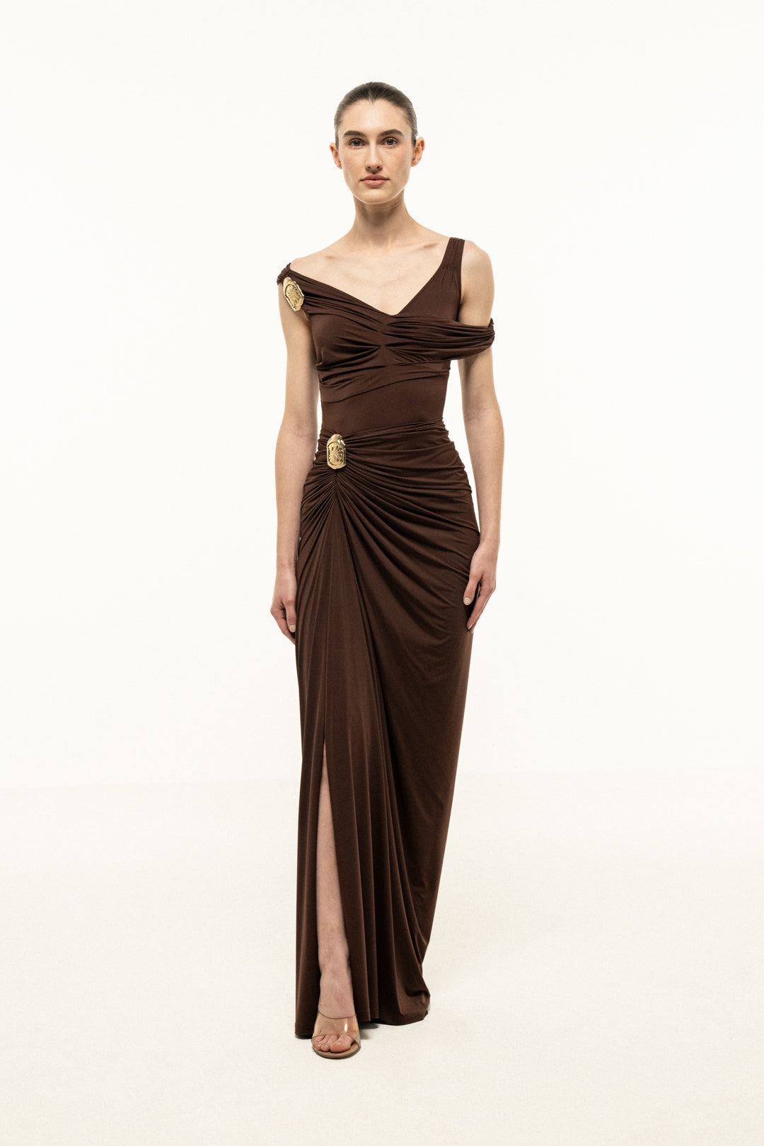 BROWN DRAPED MAXI DRESS WITH GOLD TRIM