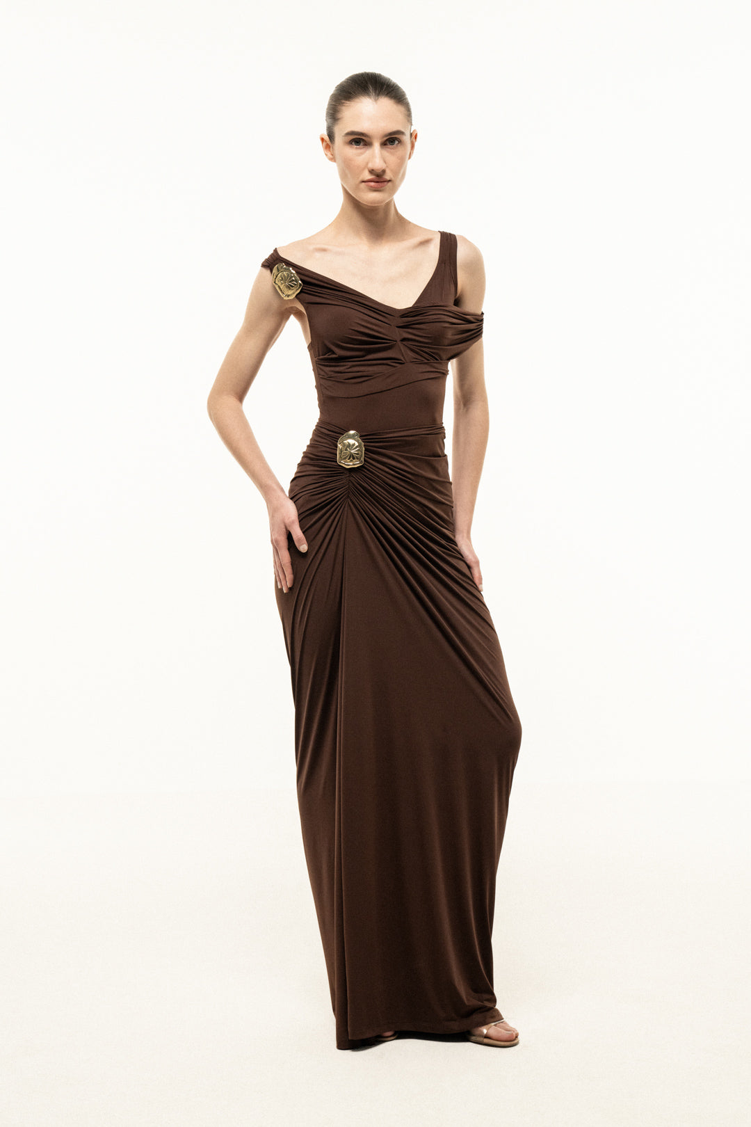 BROWN DRAPED MAXI DRESS WITH GOLD TRIM