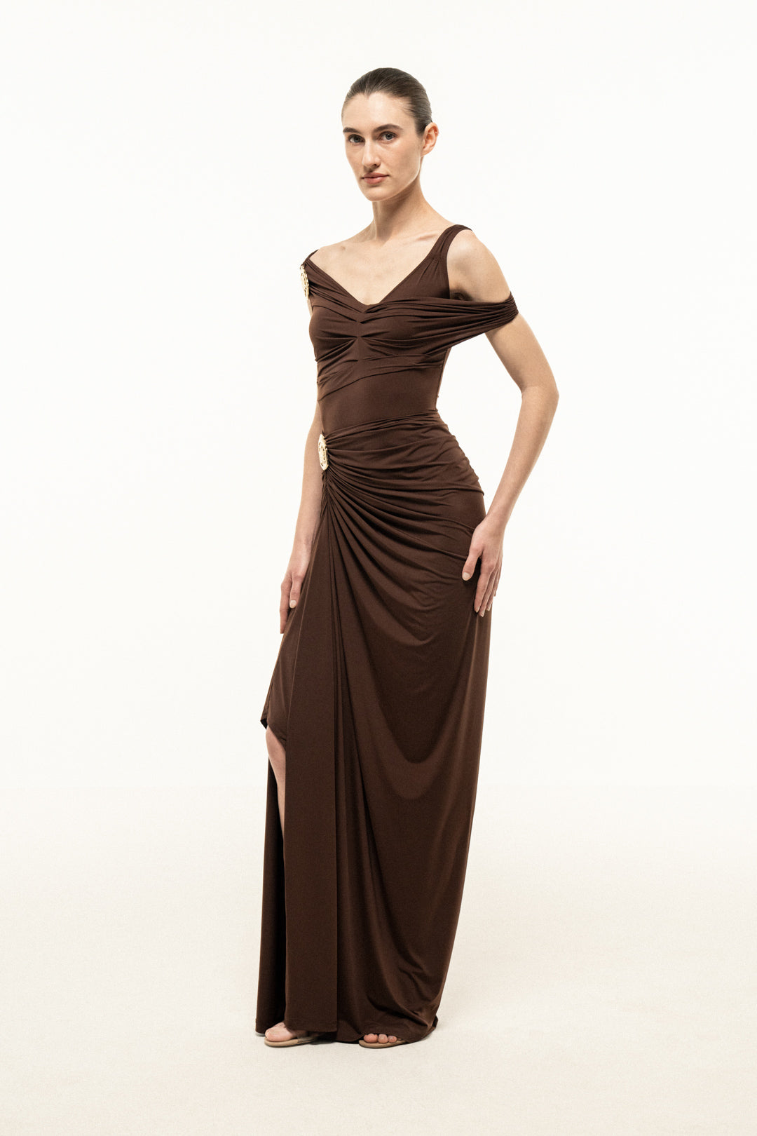 BROWN DRAPED MAXI DRESS WITH GOLD TRIM