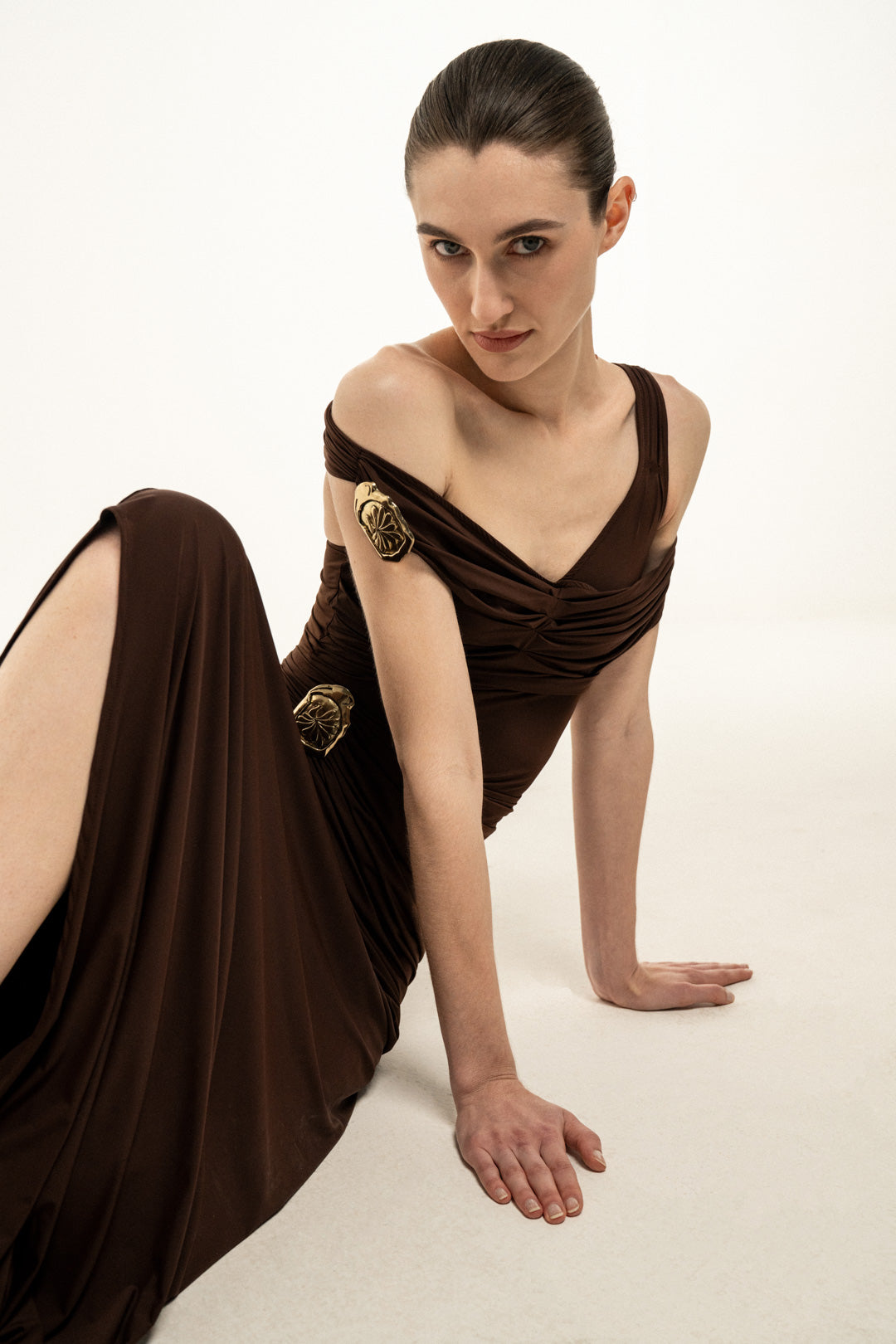 BROWN DRAPED MAXI DRESS WITH GOLD TRIM