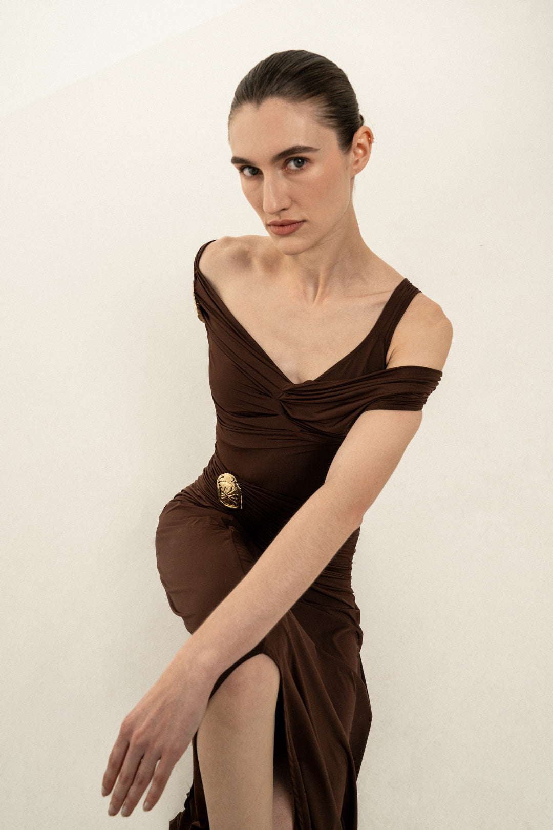 BROWN DRAPED MAXI DRESS WITH GOLD TRIM