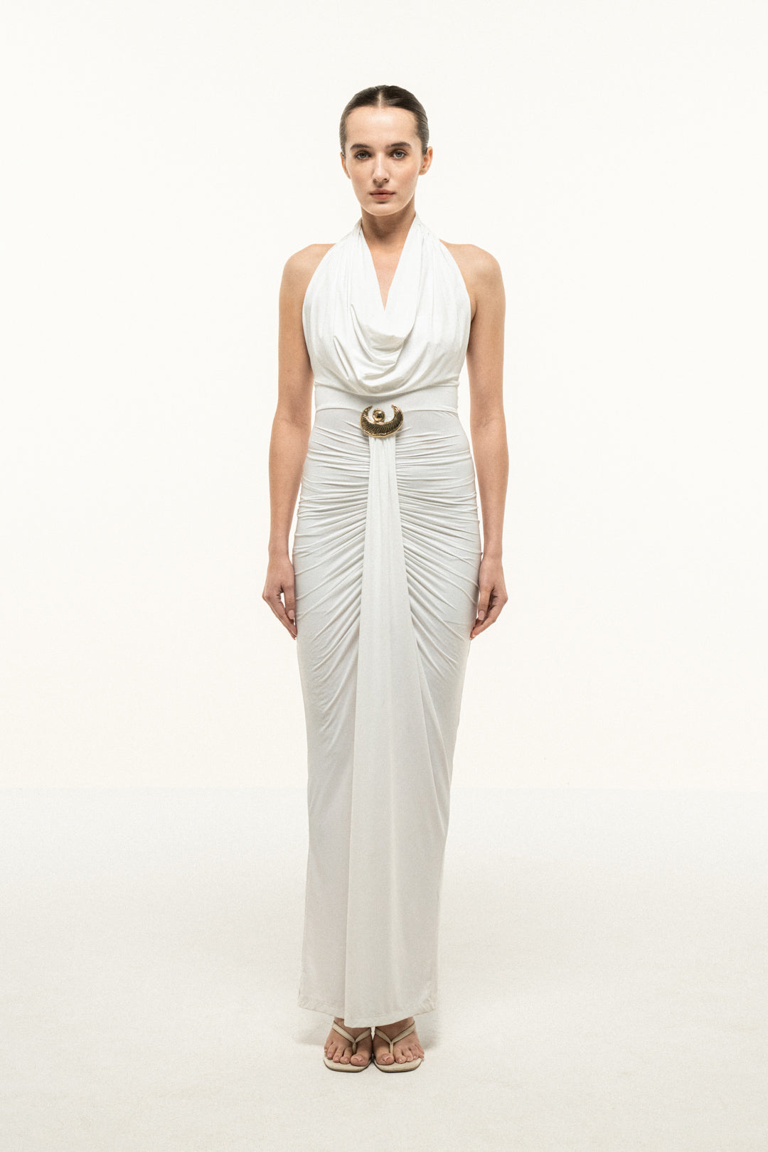 WHITE HALTER DRAPED COLUMN DRESS WITH GOLD TRIM