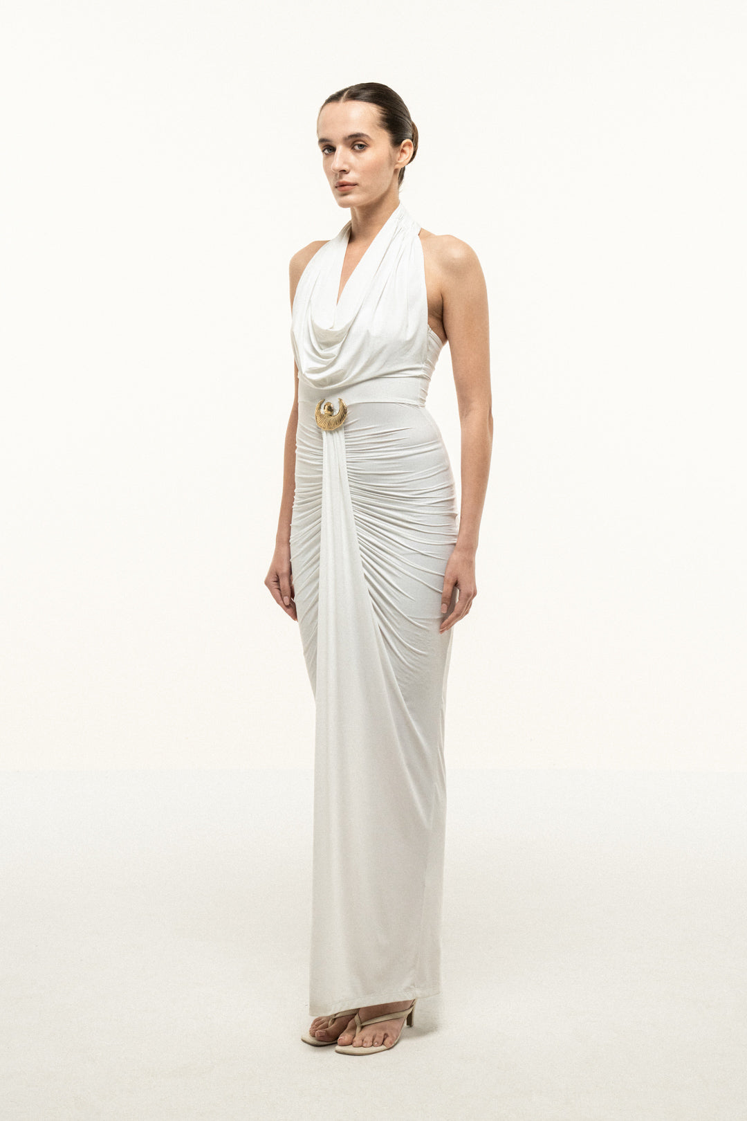 WHITE HALTER DRAPED COLUMN DRESS WITH GOLD TRIM