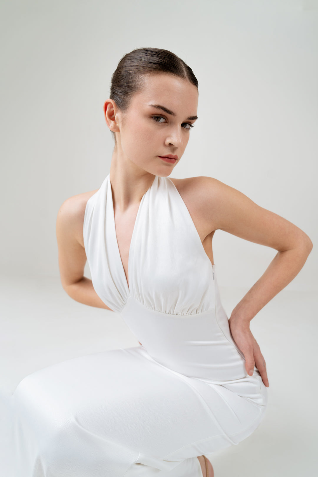 WHITE SATIN HALTER NECK DRESS