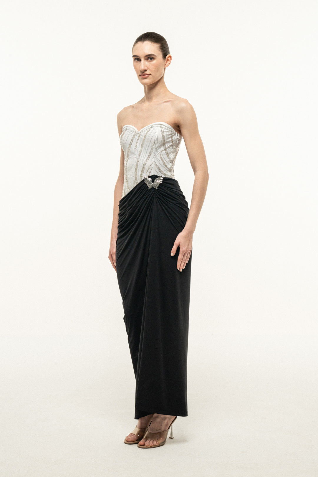STRAPLESS MAXI DRESS WITH EMBELLISHED BUST AND DRAPED SKIRT