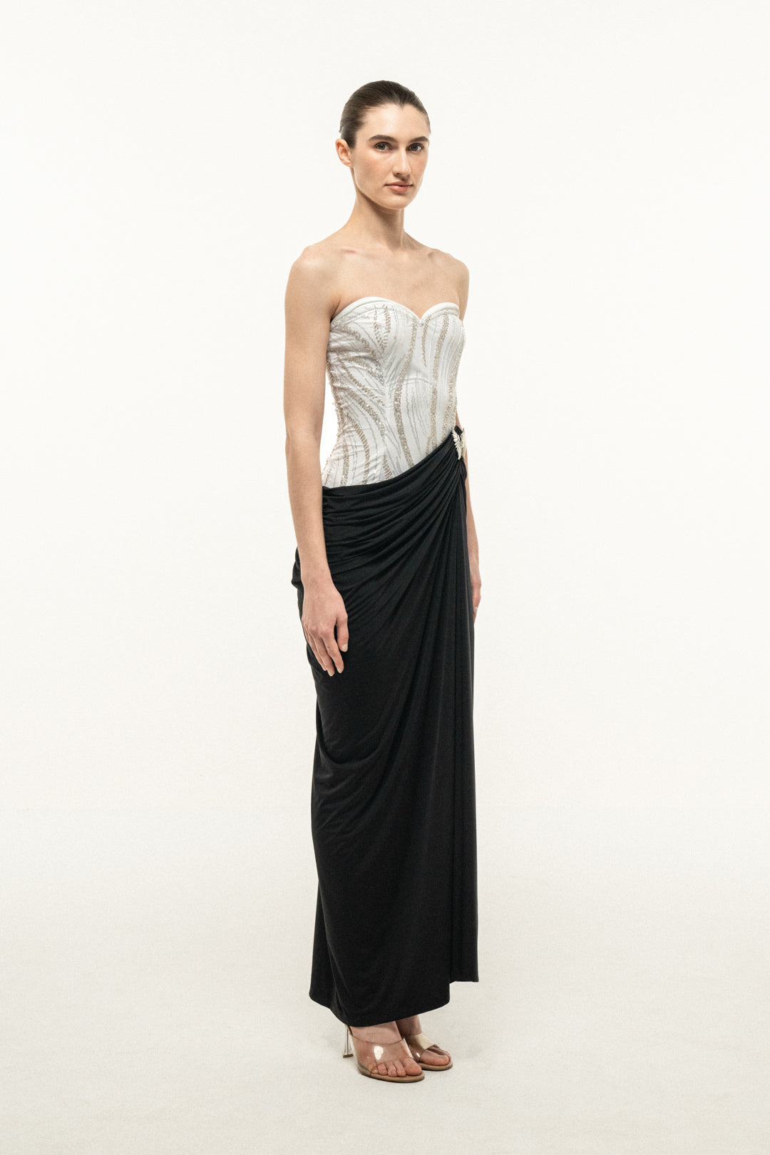 STRAPLESS MAXI DRESS WITH EMBELLISHED BUST AND DRAPED SKIRT