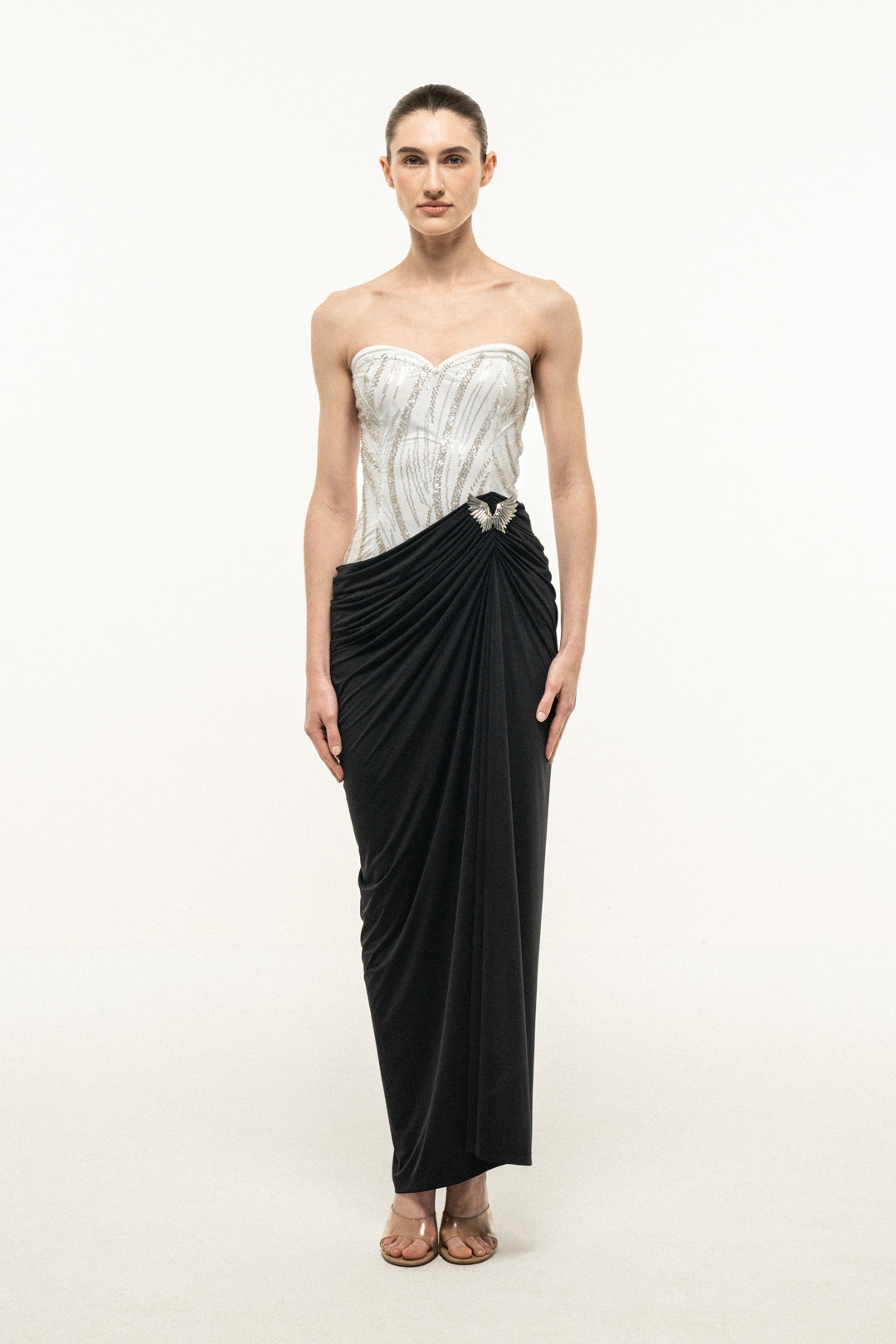 STRAPLESS MAXI DRESS WITH EMBELLISHED BUST AND DRAPED SKIRT
