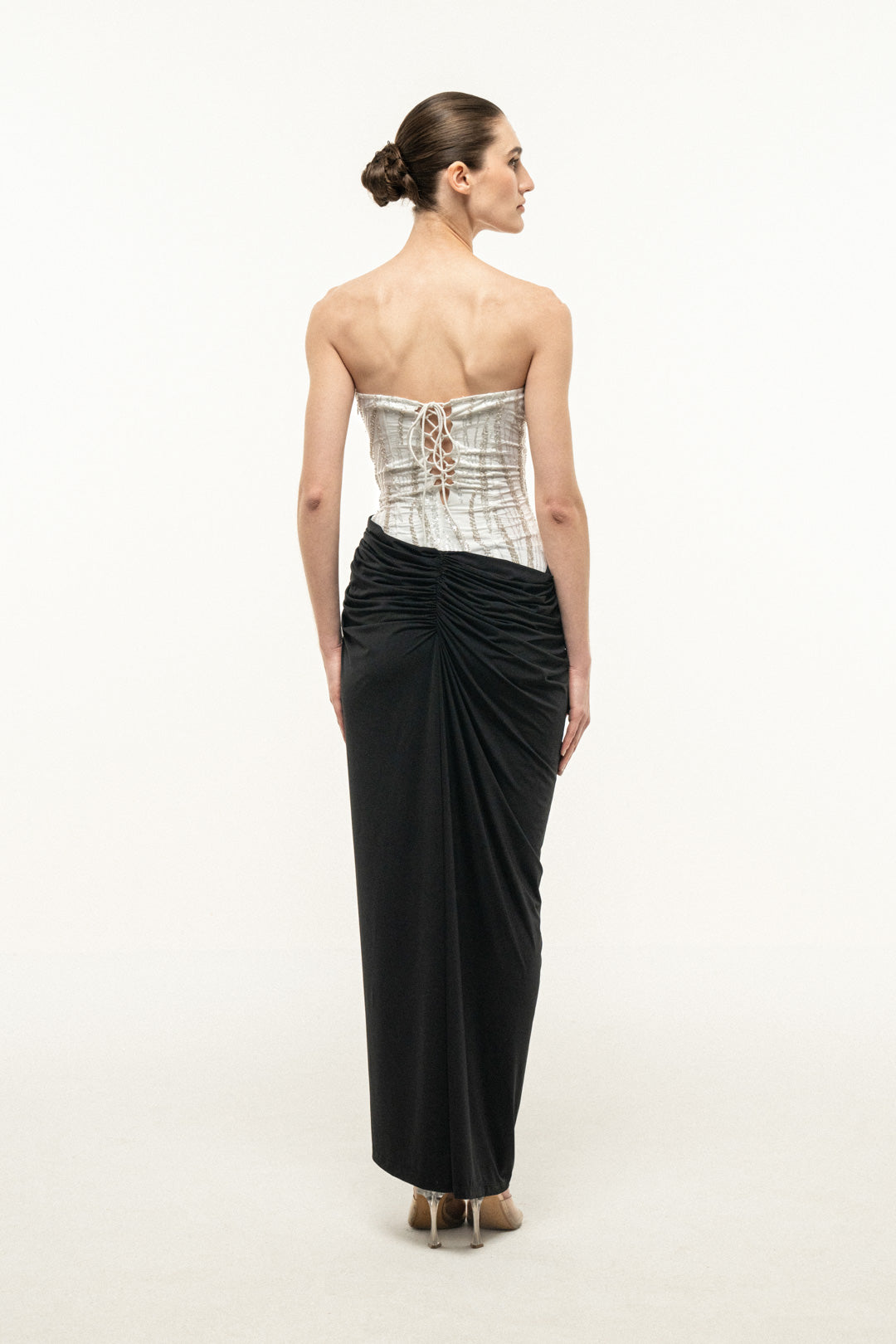 STRAPLESS MAXI DRESS WITH EMBELLISHED BUST AND DRAPED SKIRT