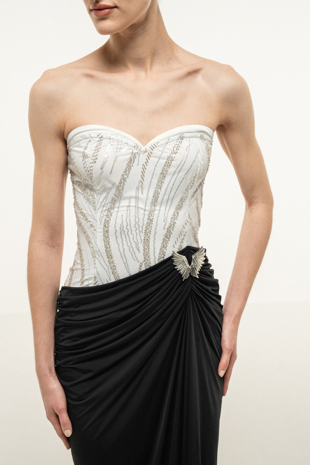 STRAPLESS MAXI DRESS WITH EMBELLISHED BUST AND DRAPED SKIRT