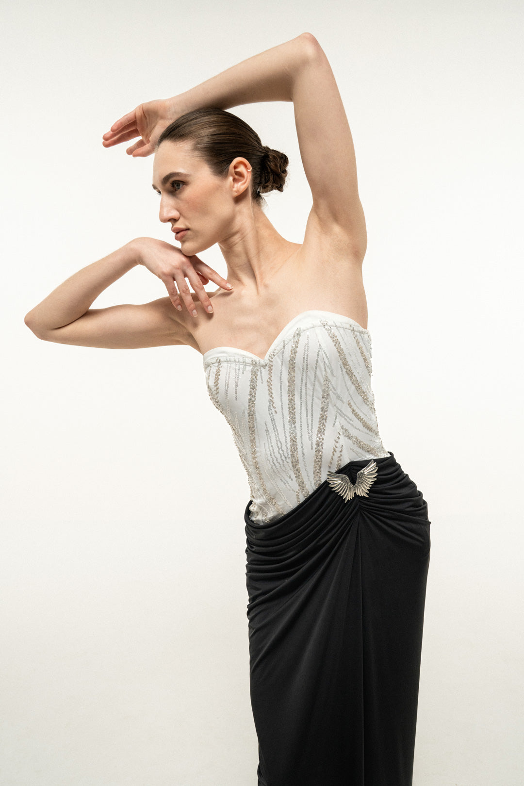 STRAPLESS MAXI DRESS WITH EMBELLISHED BUST AND DRAPED SKIRT