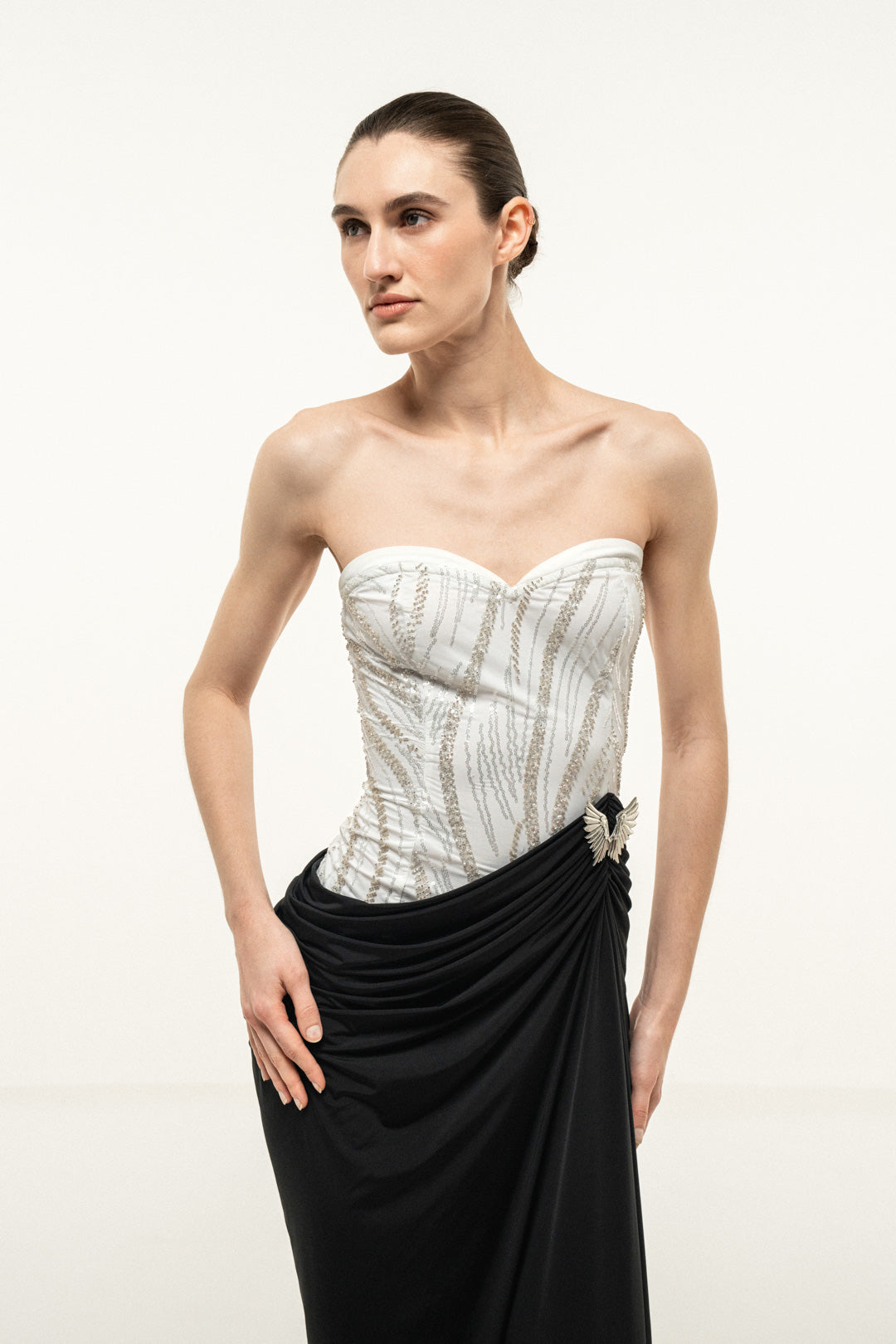 STRAPLESS MAXI DRESS WITH EMBELLISHED BUST AND DRAPED SKIRT